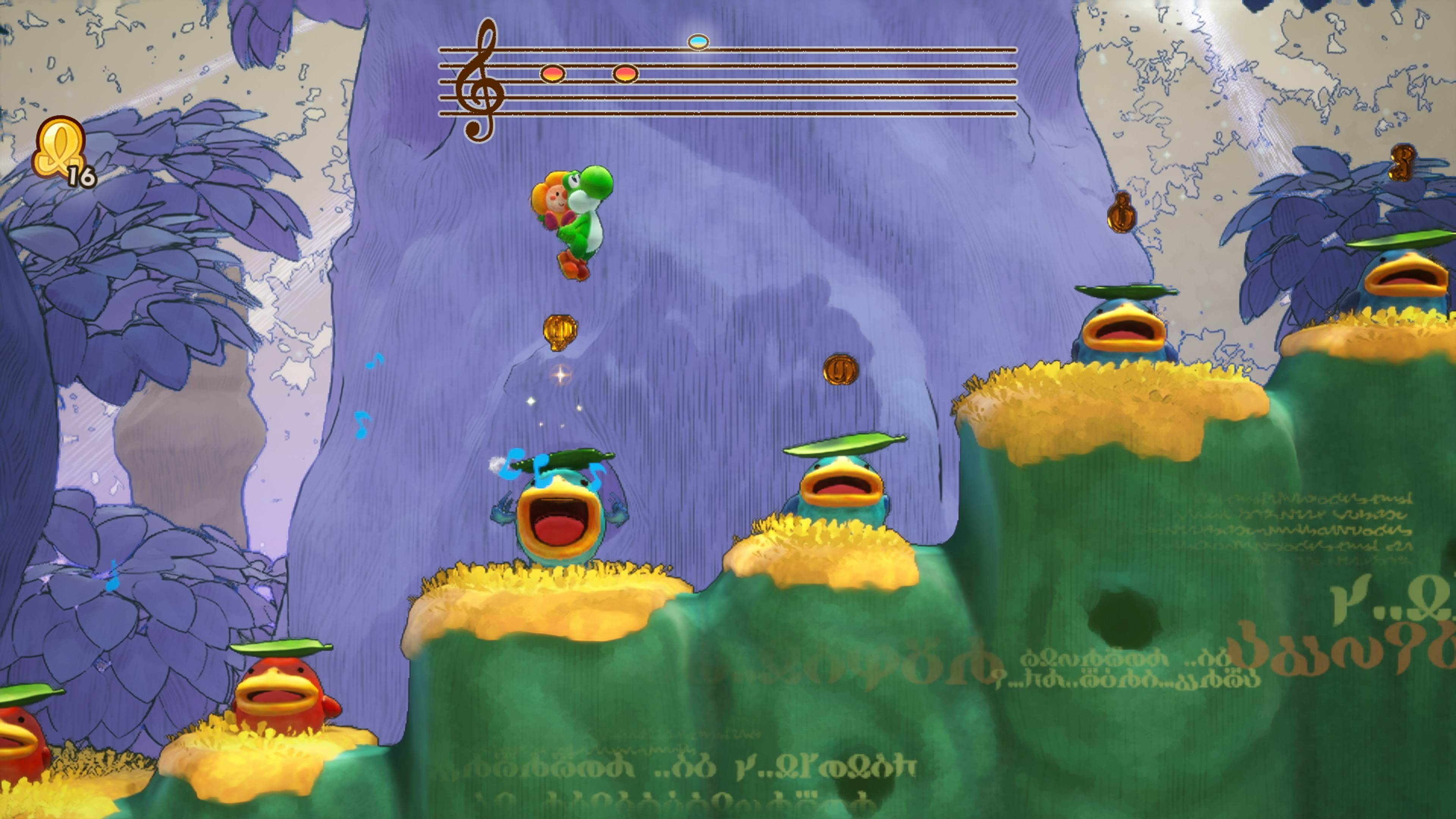 Yoshi, karikatürize edilmiş mavi ve kırmızı yaratıkların üzerindeki müzik notalarının yanında bir kızı tutuyor.
