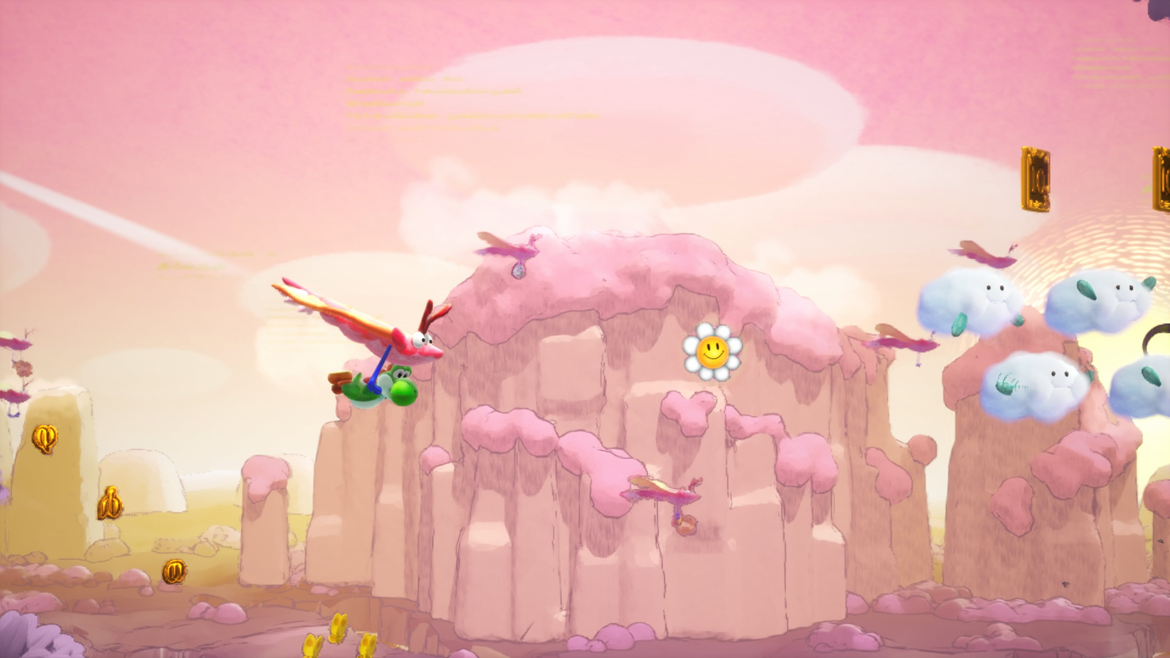 Yoshi, altın paraların olduğu pembe bulut manzarasında bir kuşla uçuyor.