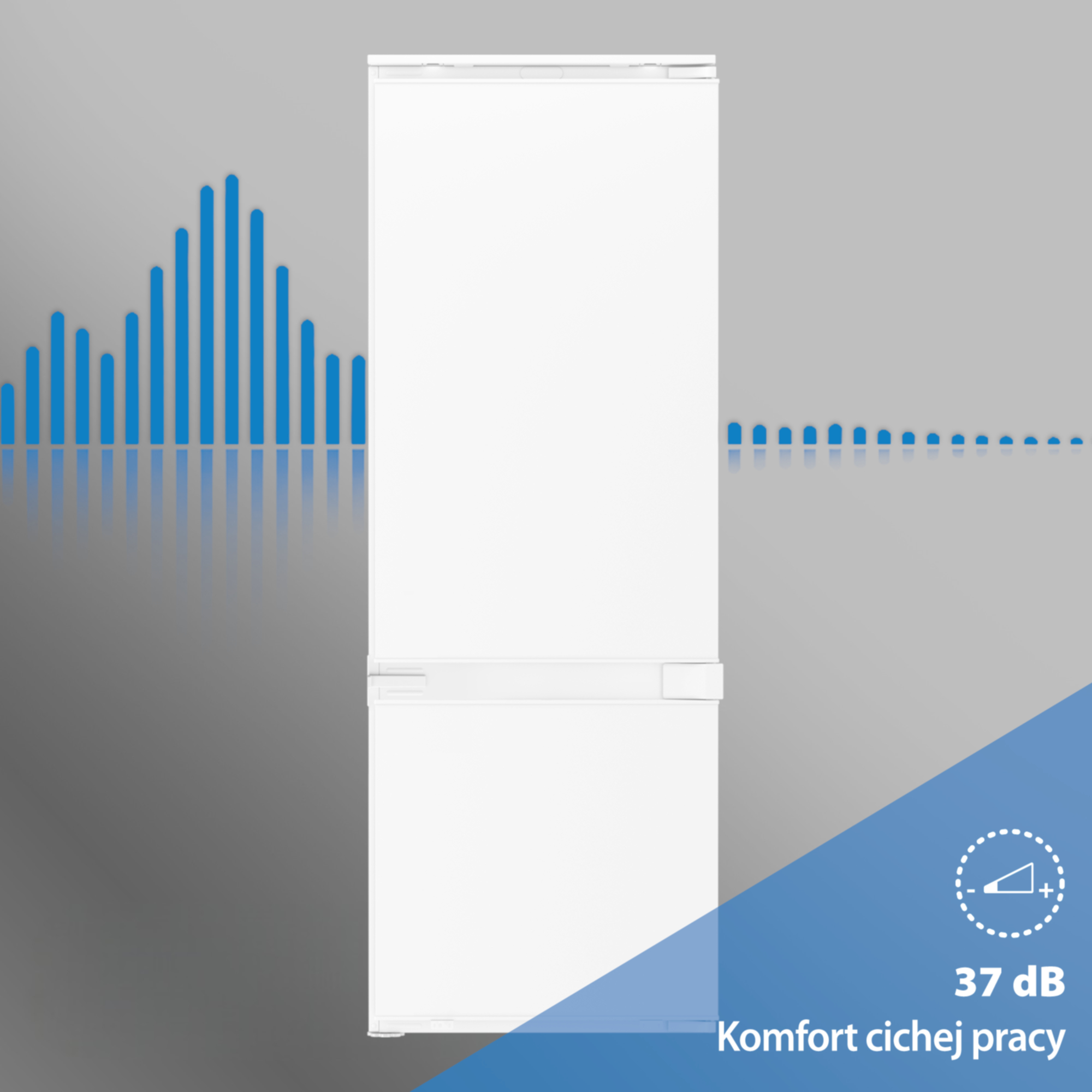 Biała lodówka z grafiką fal dźwiękowych i wskaźnikiem poziomu hałasu 37 dB.