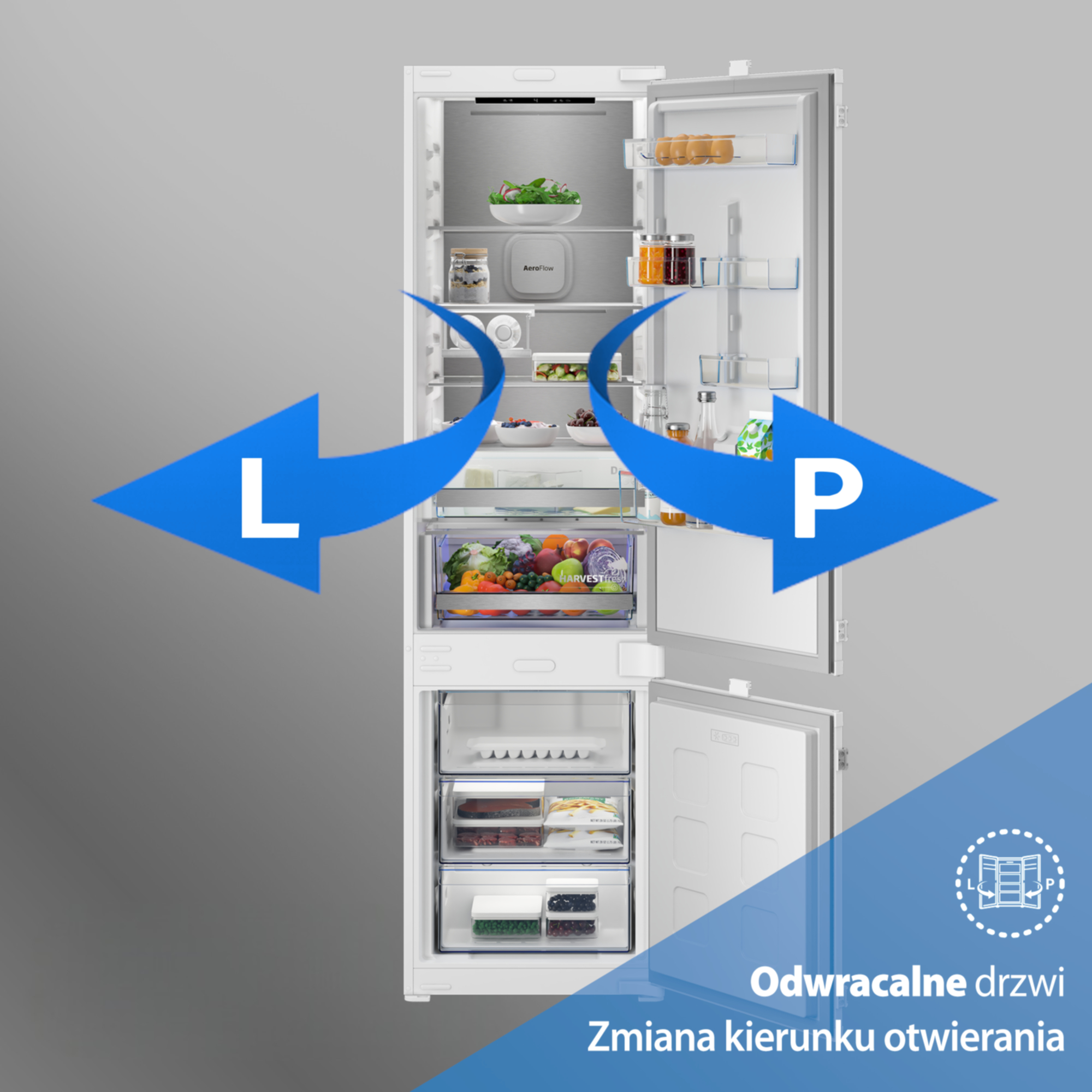 Otwarta lodówka z warzywami, jajkami i słoikami. Niebieskie strzałki pokazują kierunek otwarcia drzwi.