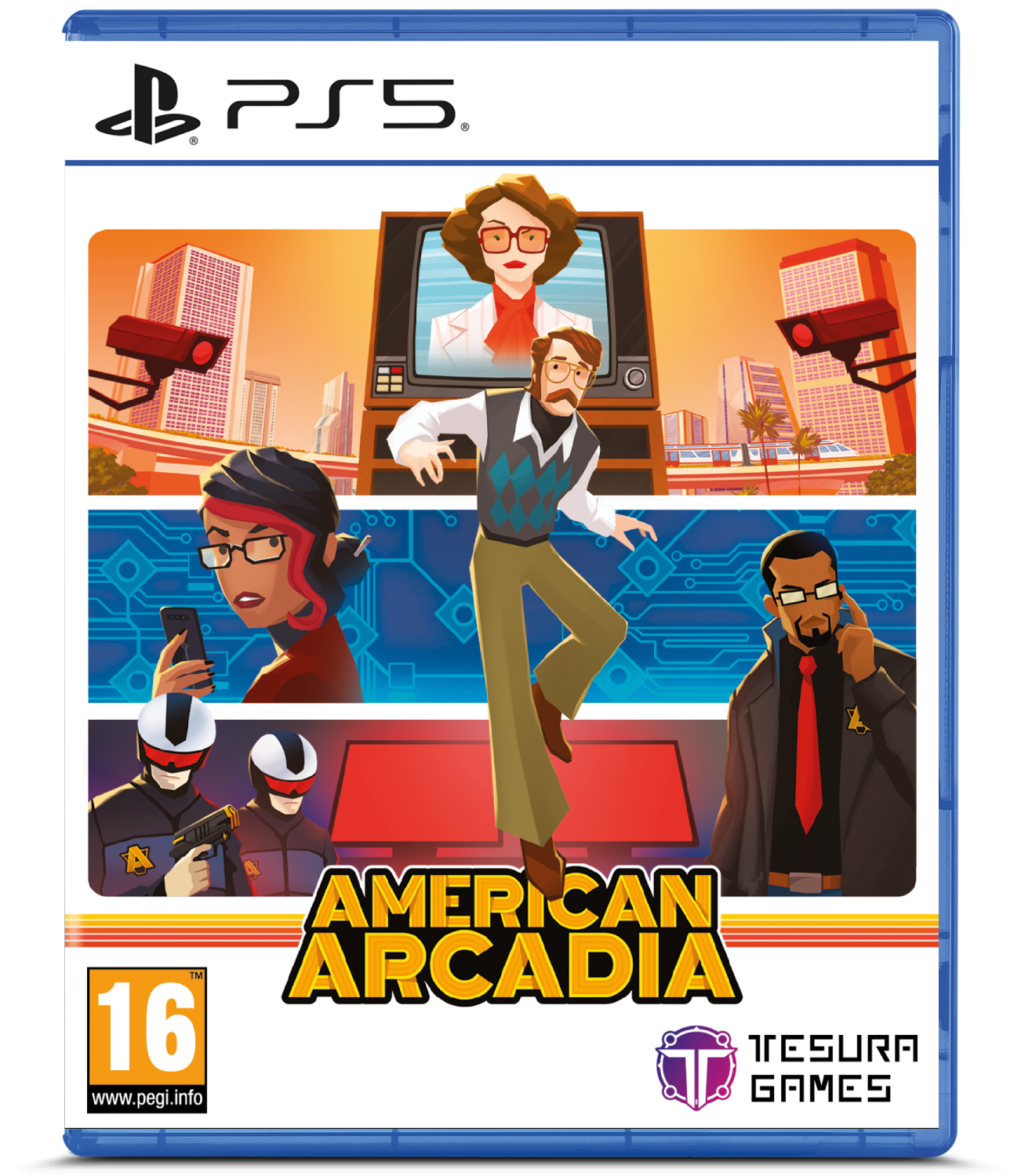 Portada del juego American Arcadia para PS5. Presenta personajes, paisajes urbanos y cámaras de seguridad estilizados.