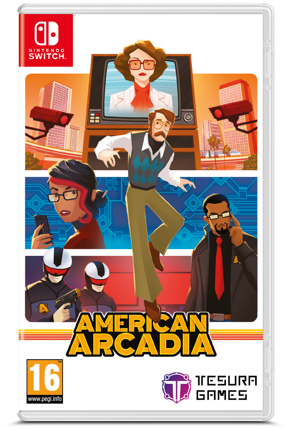La portada presenta personajes de American Arcadia en un juego de Nintendo Switch.