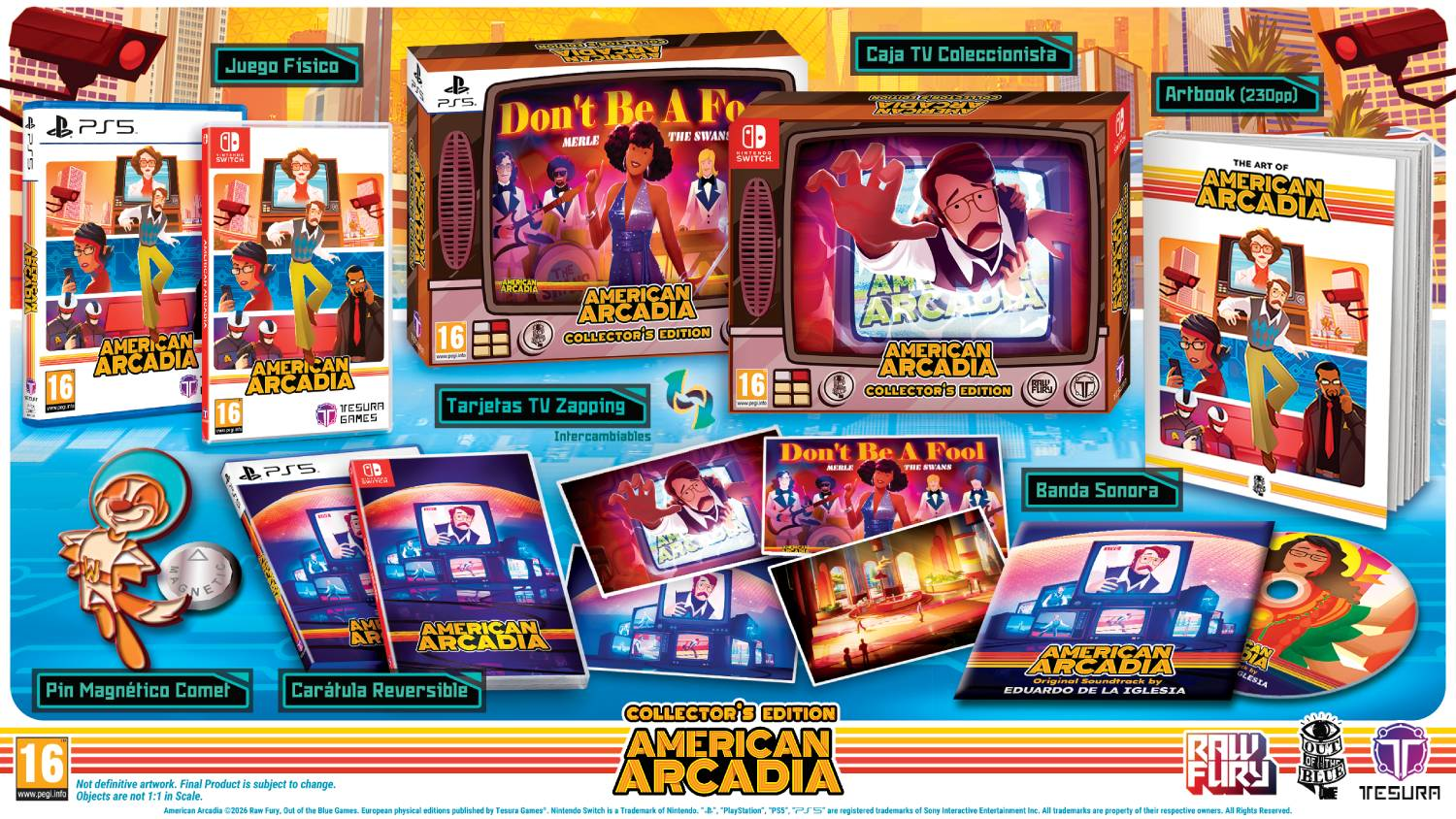 La colección 'American Arcadia' con juegos, libro de arte, banda sonora y más sobre superficie azul.