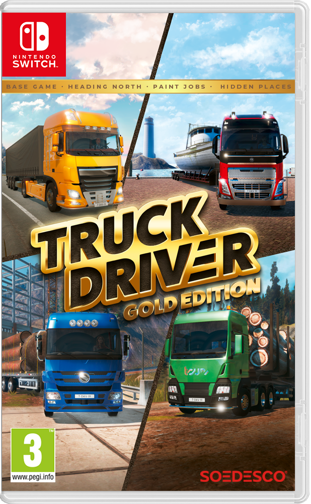 Portada de Truck Driver Gold Edition para Nintendo Switch con cuatro camiones y un barco.