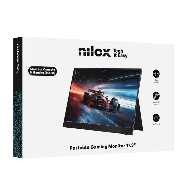 Caja de monitor gaming portátil Nilox de 17,3" con imagen de coche de carreras. Ideal.