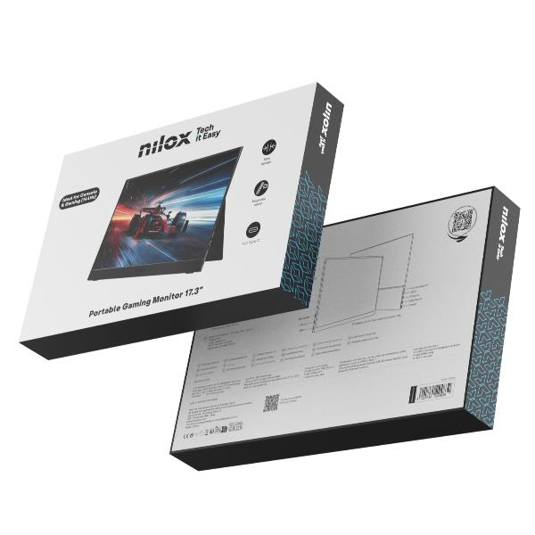 Caja de monitor gaming portátil con gráfico de coche de carreras.