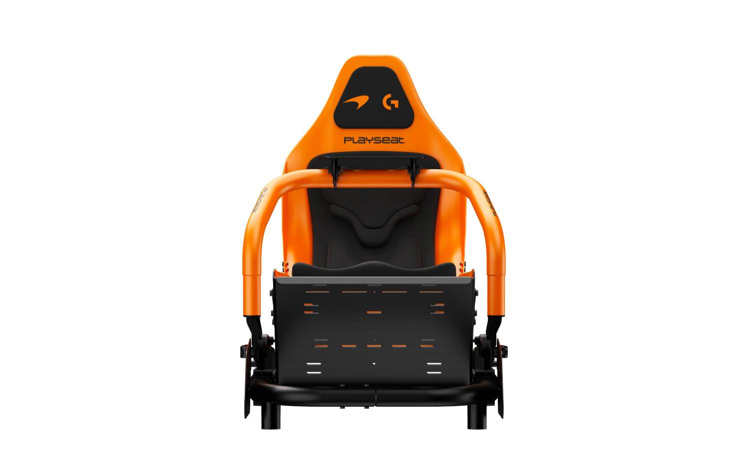 Un asiento de juego de carreras naranja con acolchado negro y marco metálico.