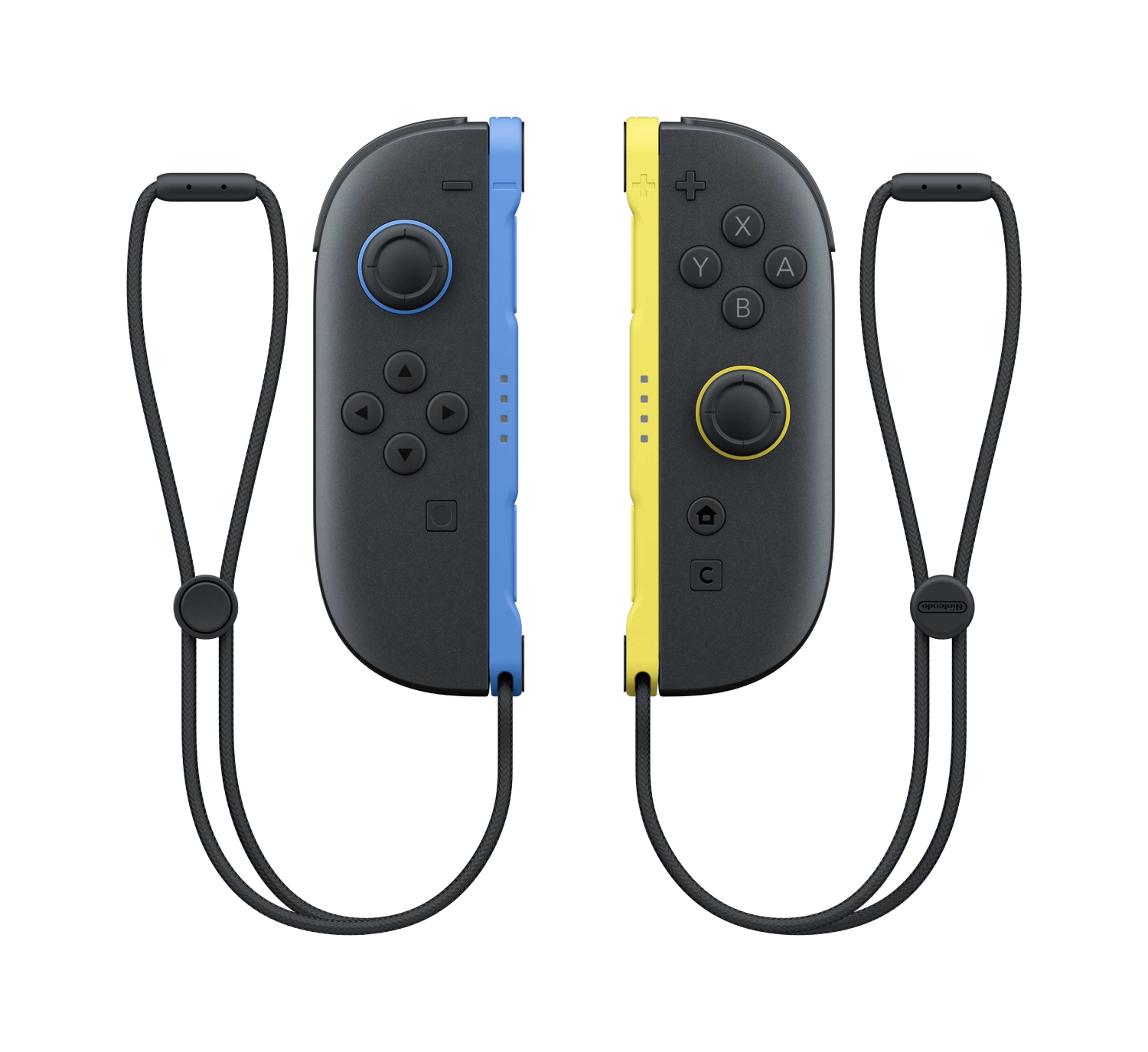 Dos mandos Joy-Con de Nintendo Switch, azules y amarillos, con correas.