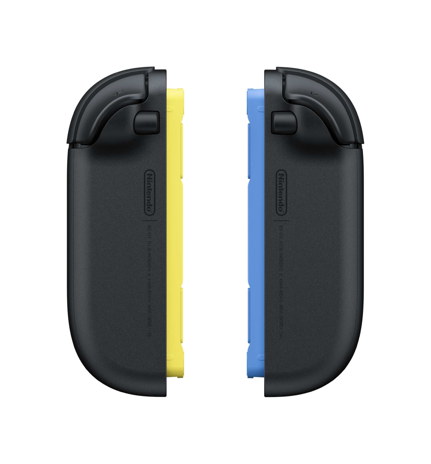 Dos mandos Joy-Con de Nintendo, izquierdo amarillo, derecho azul, sobre fondo blanco.