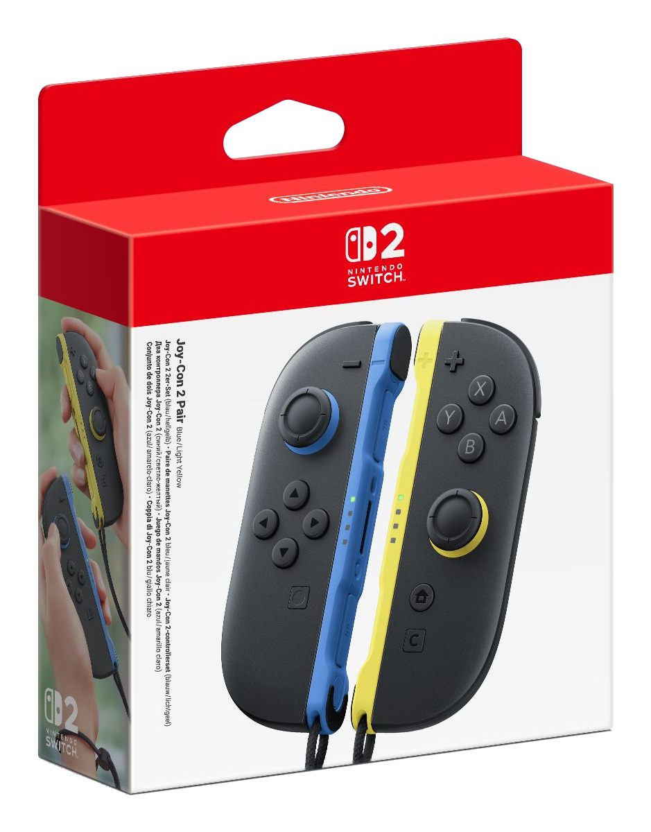 Par de controladores Joy-Con de Nintendo Switch en azul y amarillo.