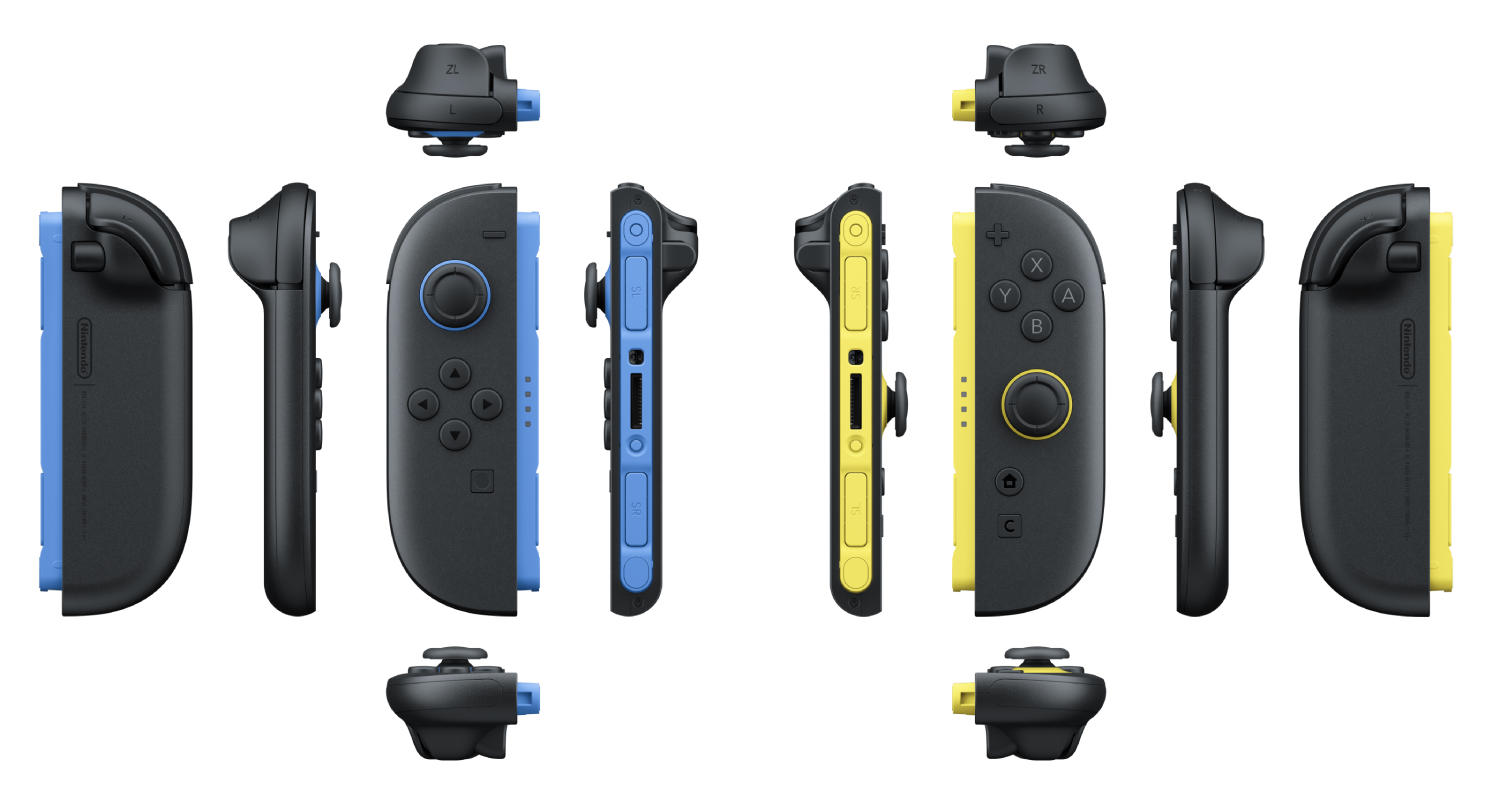 Mandos Nintendo Joy-Con en negro, azul y amarillo, mostrados desde varios ángulos.