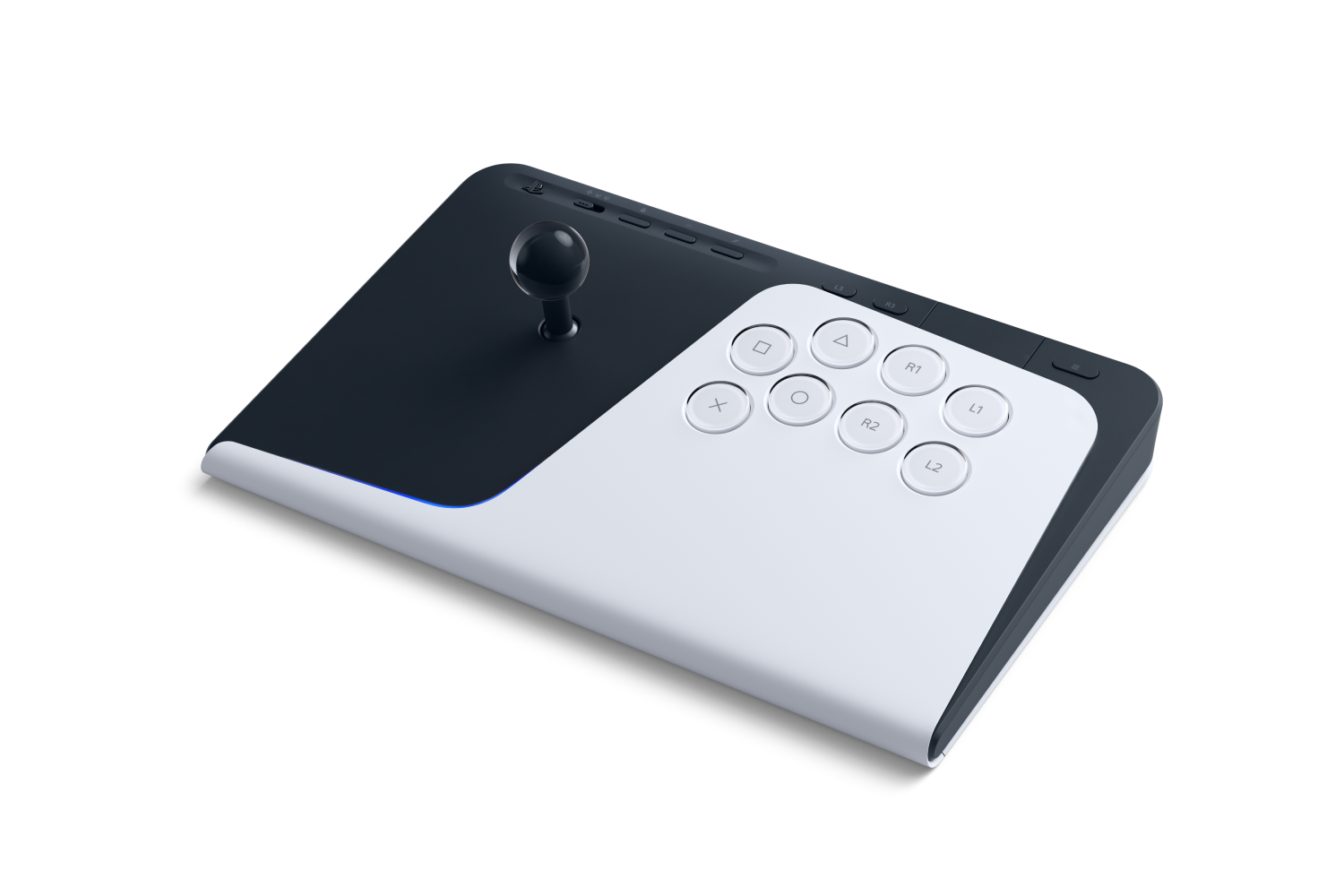 Un mando arcade con joystick y botones en blanco y gris oscuro.