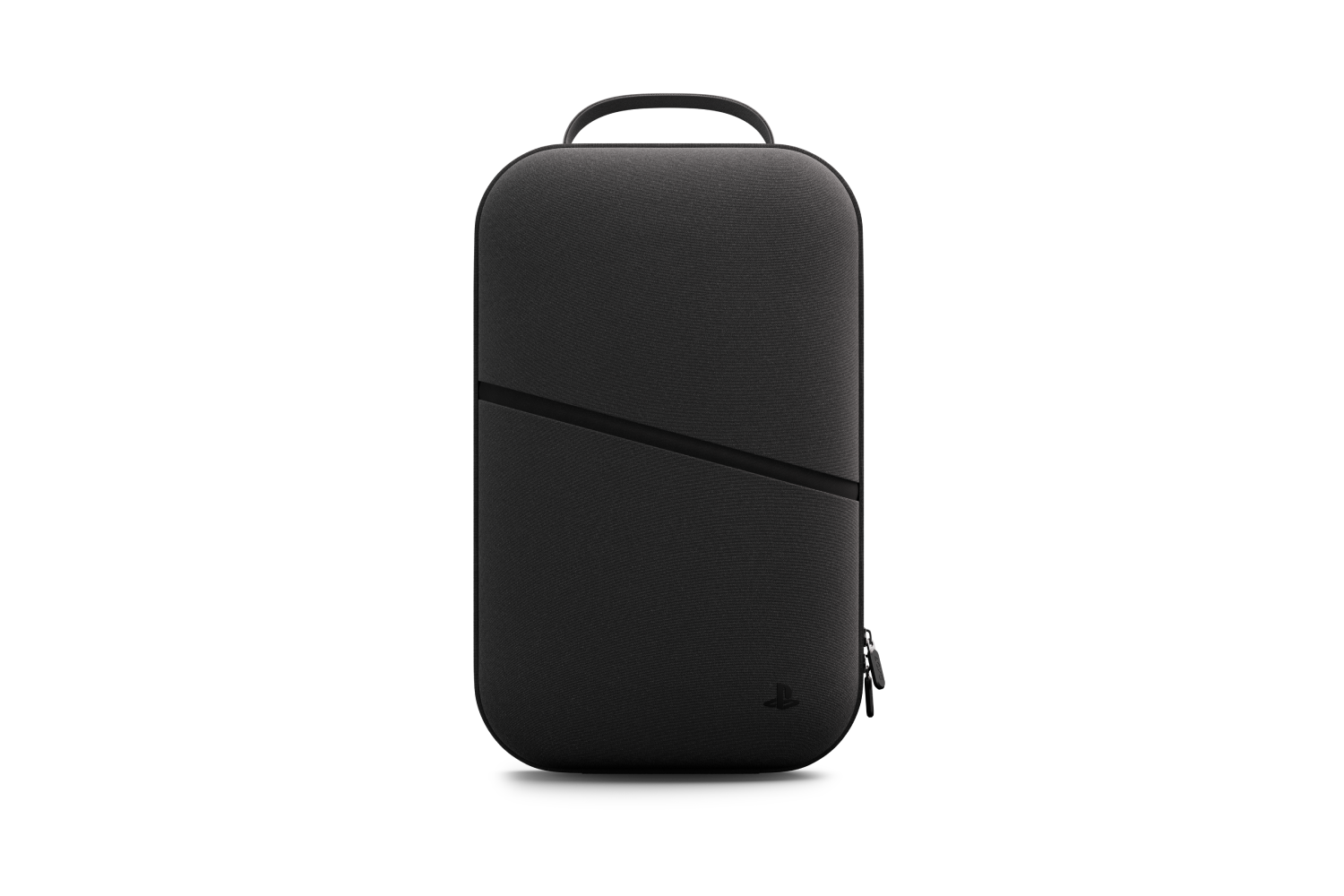 Funda negra con cremallera y asa superior, logo de PlayStation.