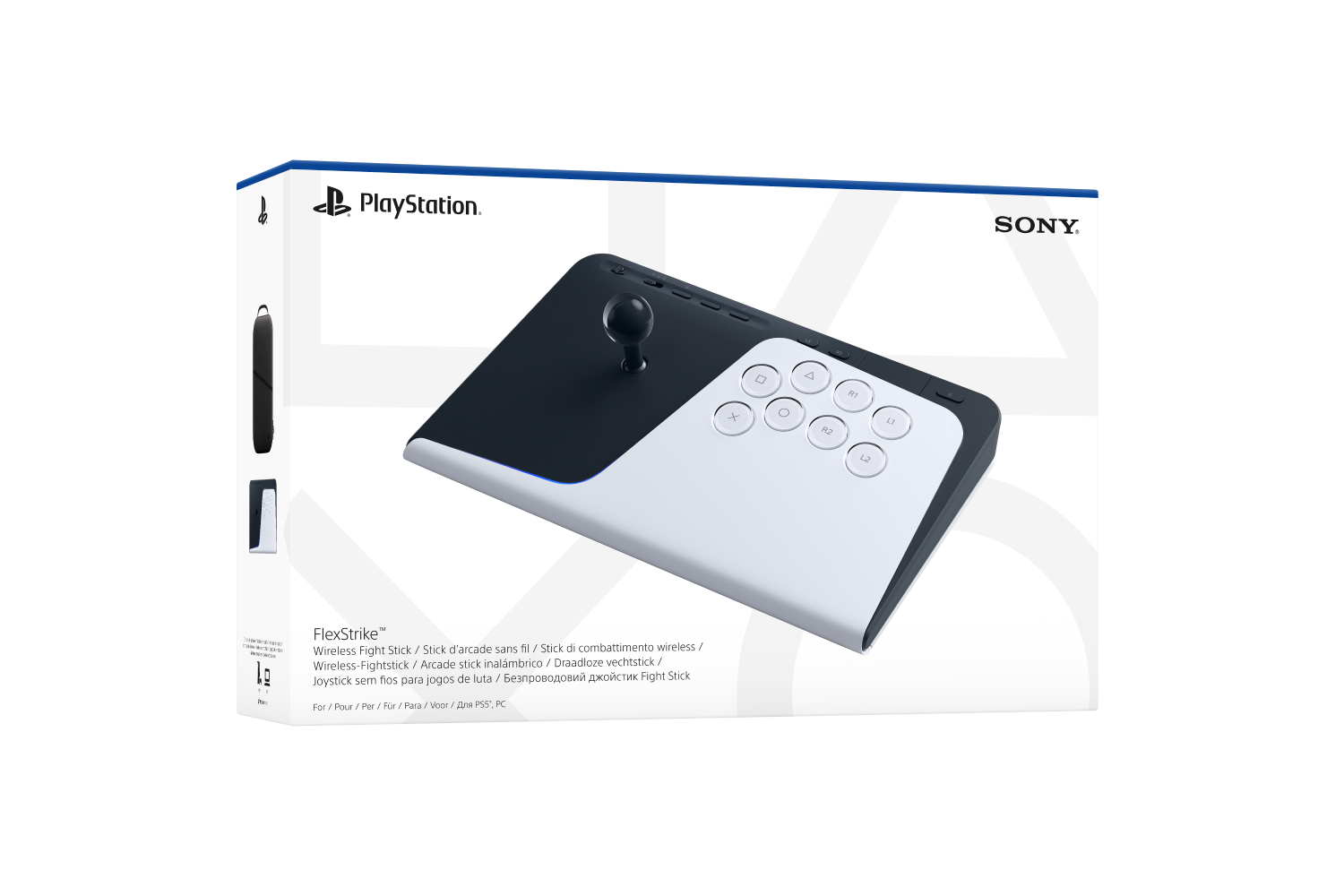 Fight Stick PlayStation con joystick y botones en fondo blanco y negro.