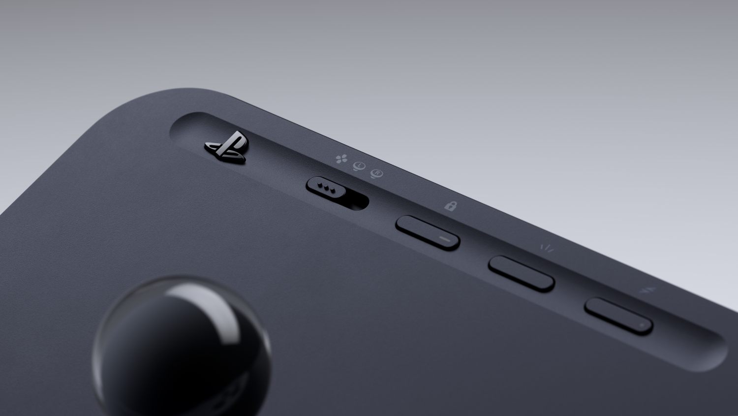 Un controlador oscuro con logo de Playstation, joystick y botones.