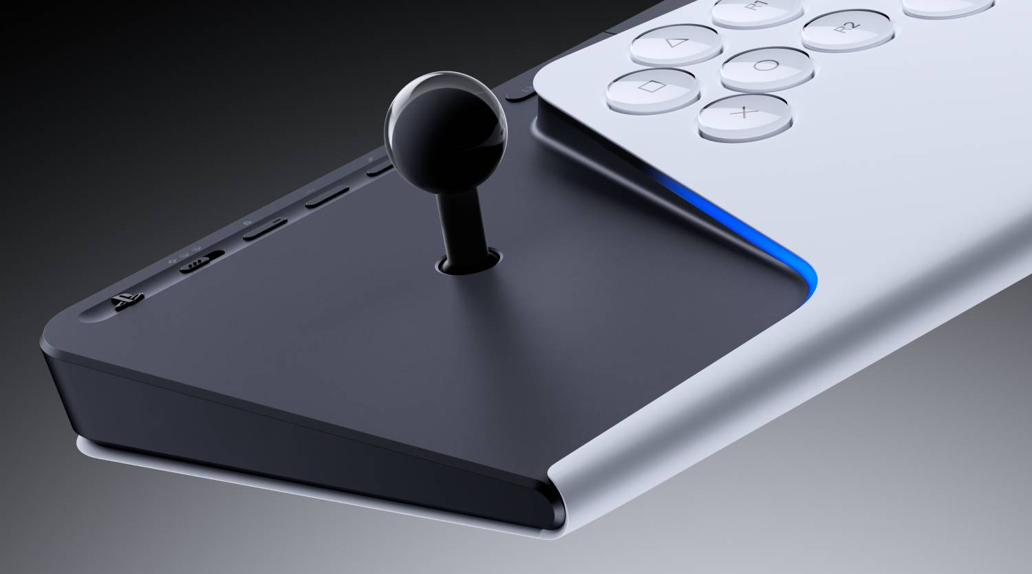Un joystick negro en un mando gris con botones blancos y luz azul.