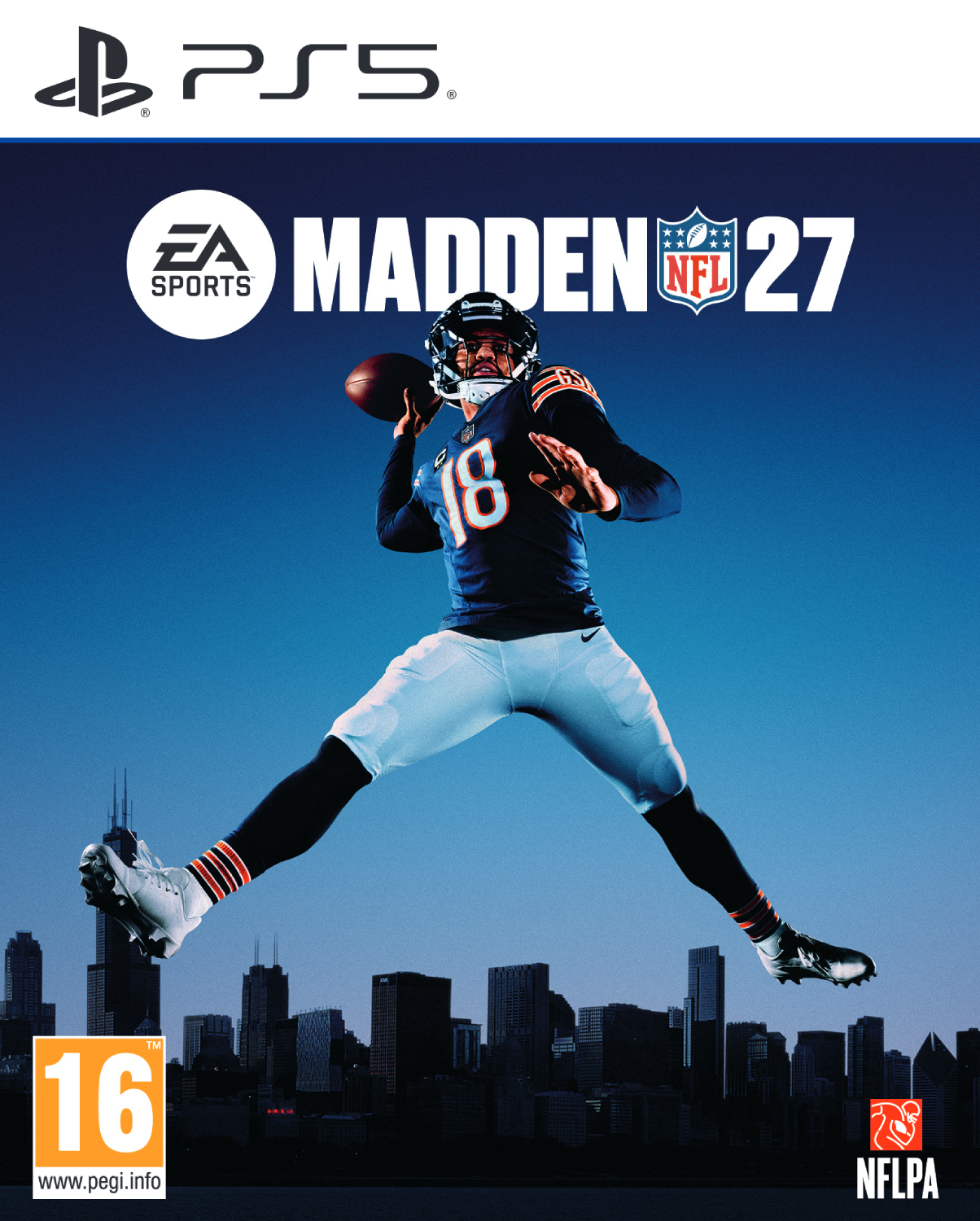 Jugador de fútbol americano en acción ante un horizonte urbano, portada Madden 27.