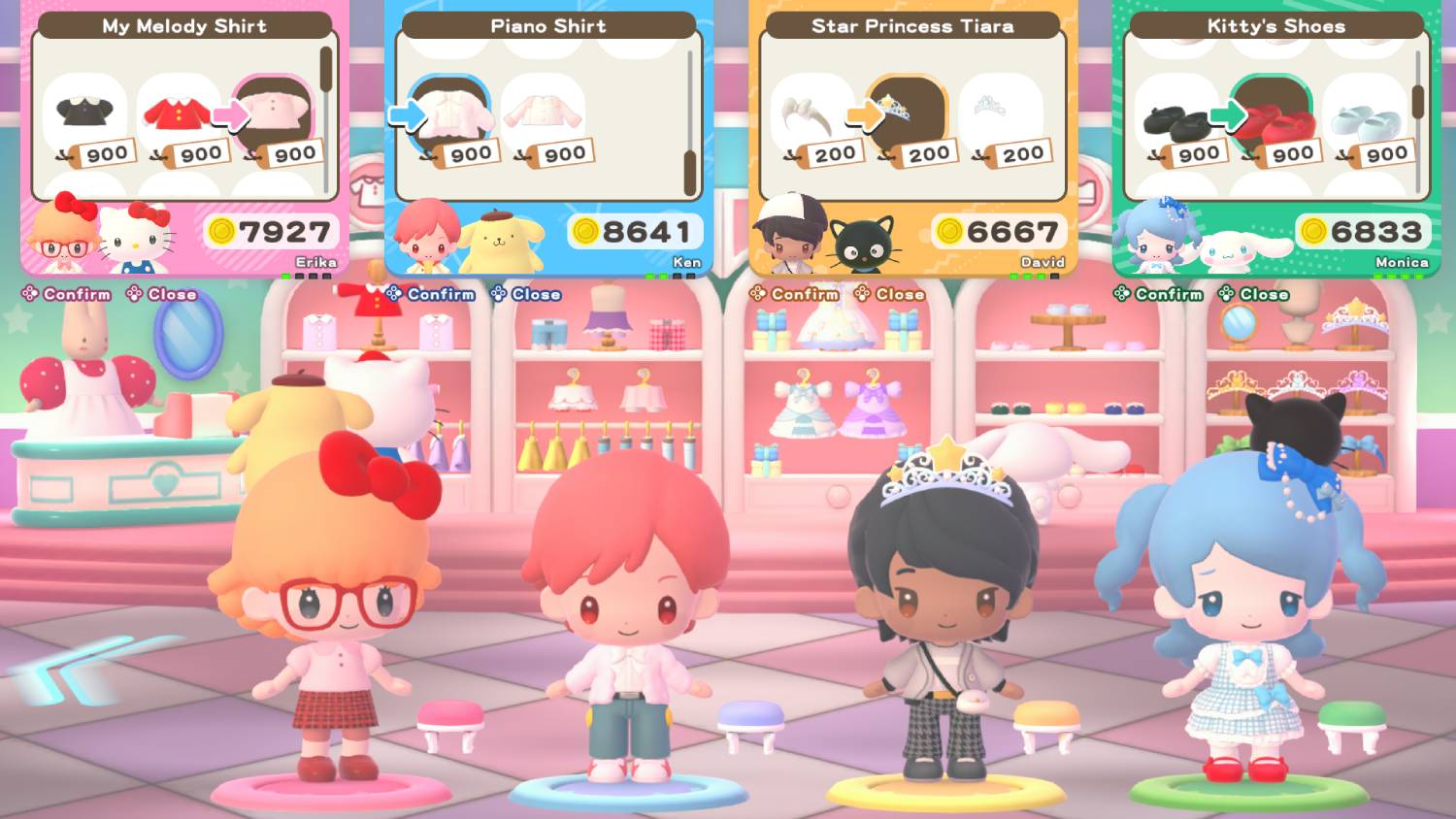 Cuatro personajes en una tienda probándose ropa y accesorios.