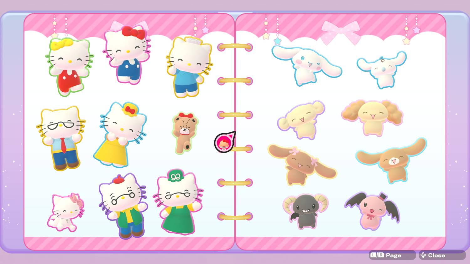 Una colección de pegatinas de Hello Kitty y amigos en un cuaderno.