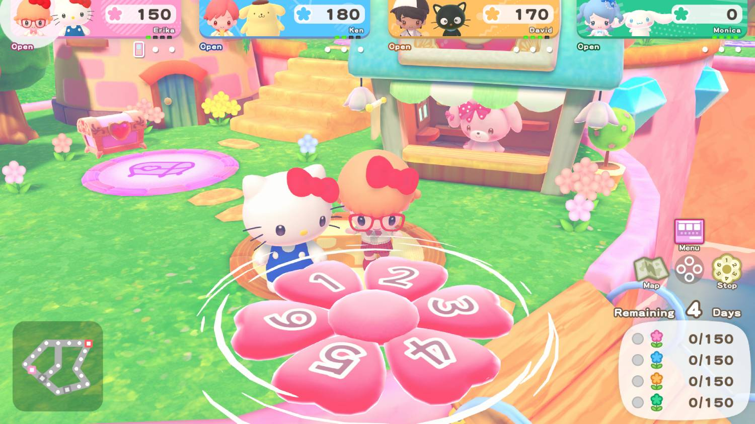 Hello Kitty y una niña naranja están ante un tablero numérico en forma de flor en un videojuego.
