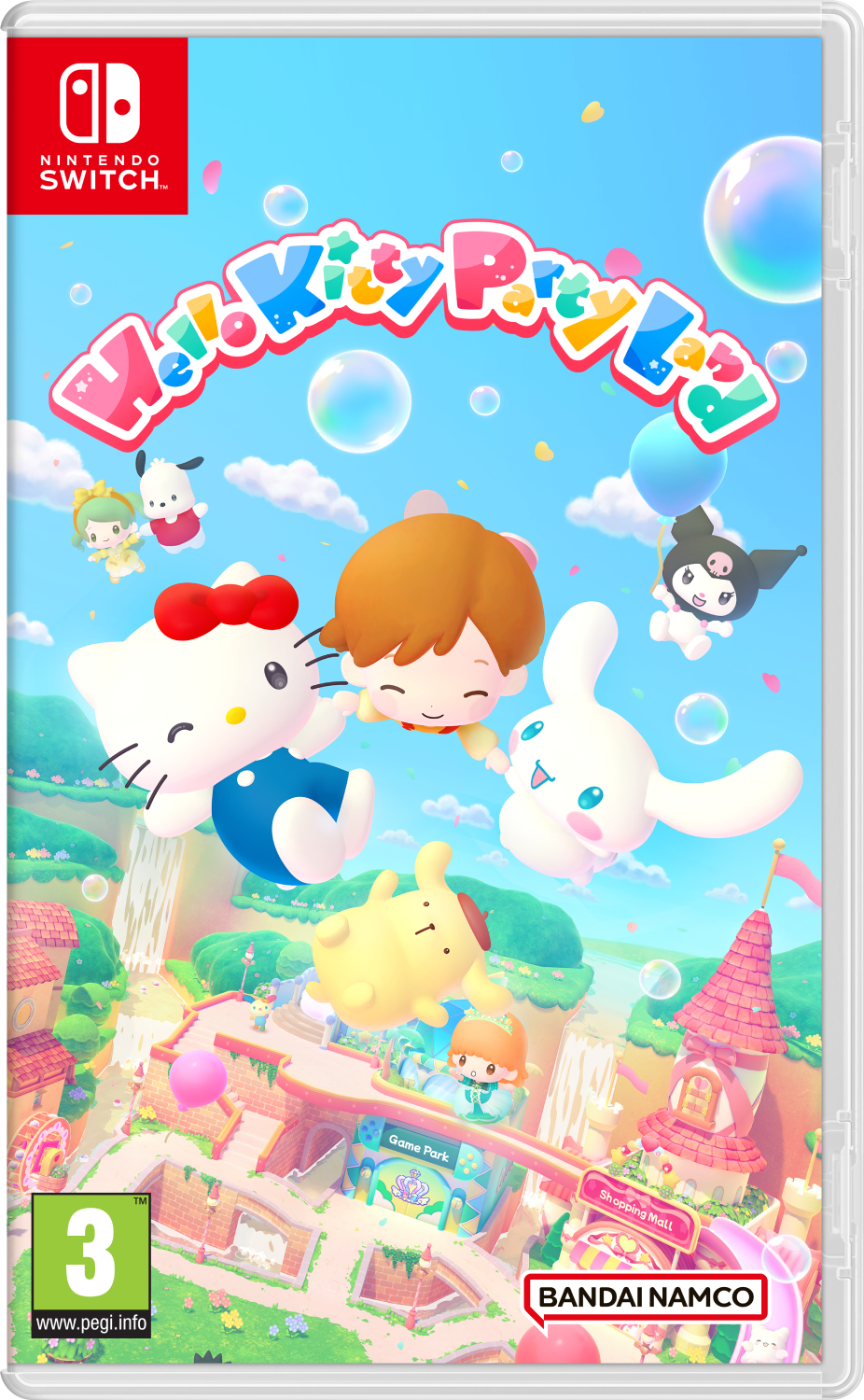 Portada del juego Hello Kitty Party Land con personajes y una escena de ciudad al fondo.