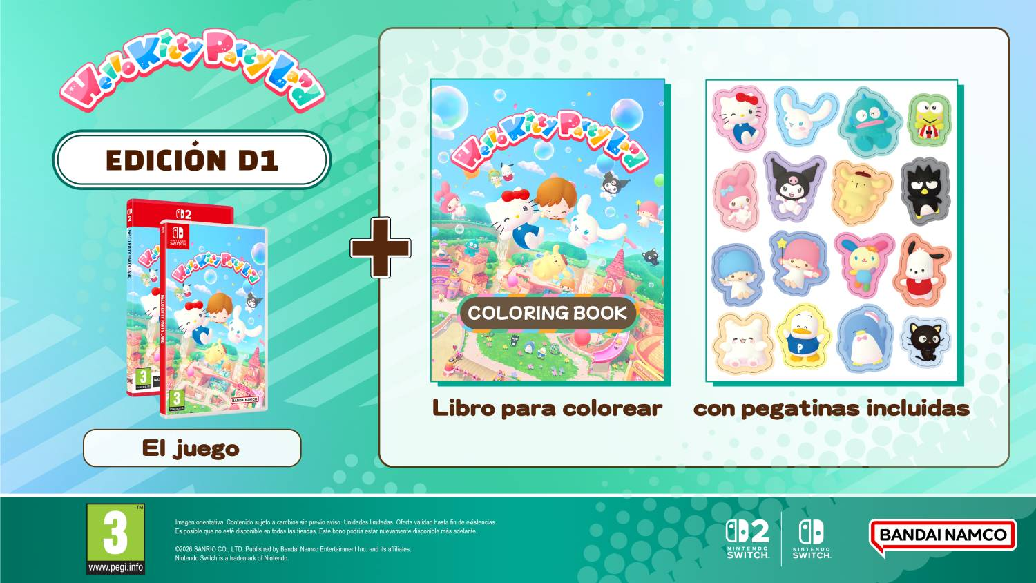 Edición D1 de Hello Kitty Party Land con libro para colorear y pegatinas.