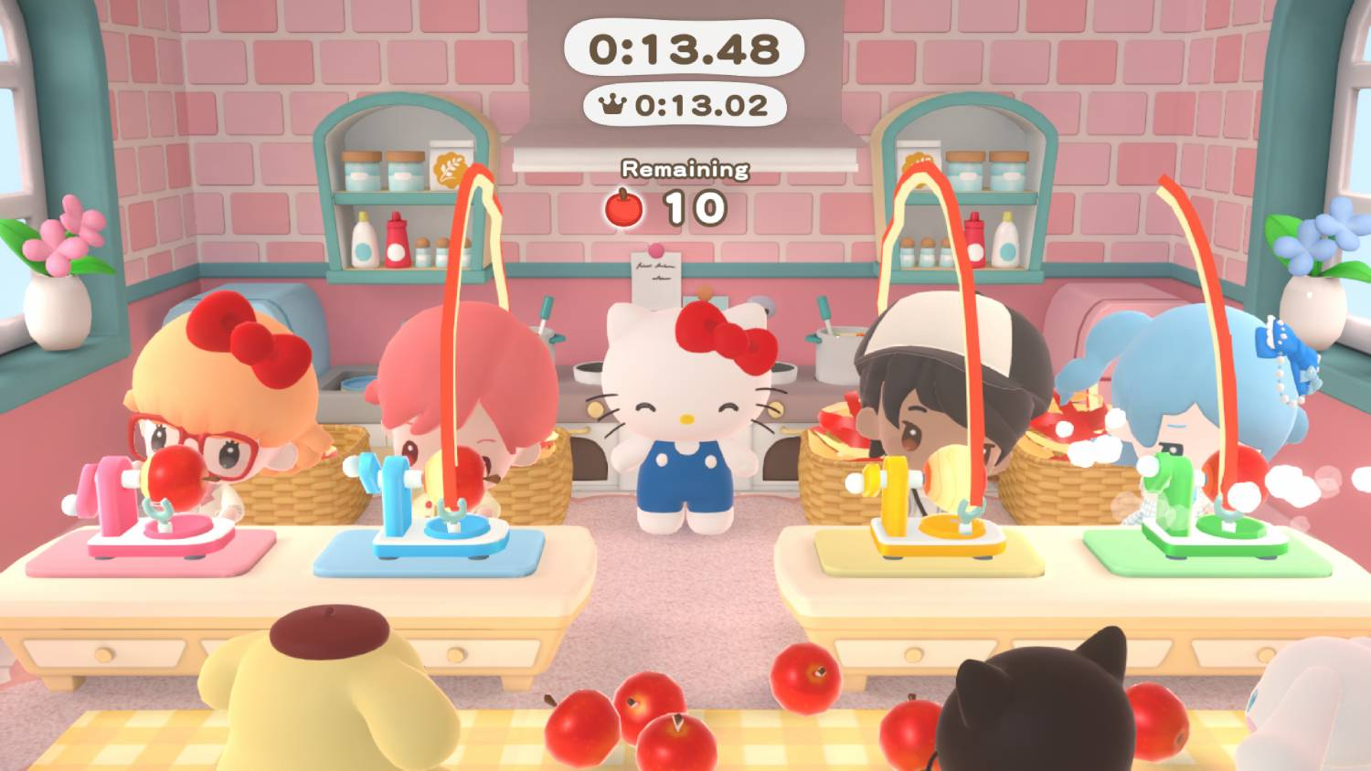 Hello Kitty y amigos en una cocina procesando manzanas. Límite de tiempo mostrado.