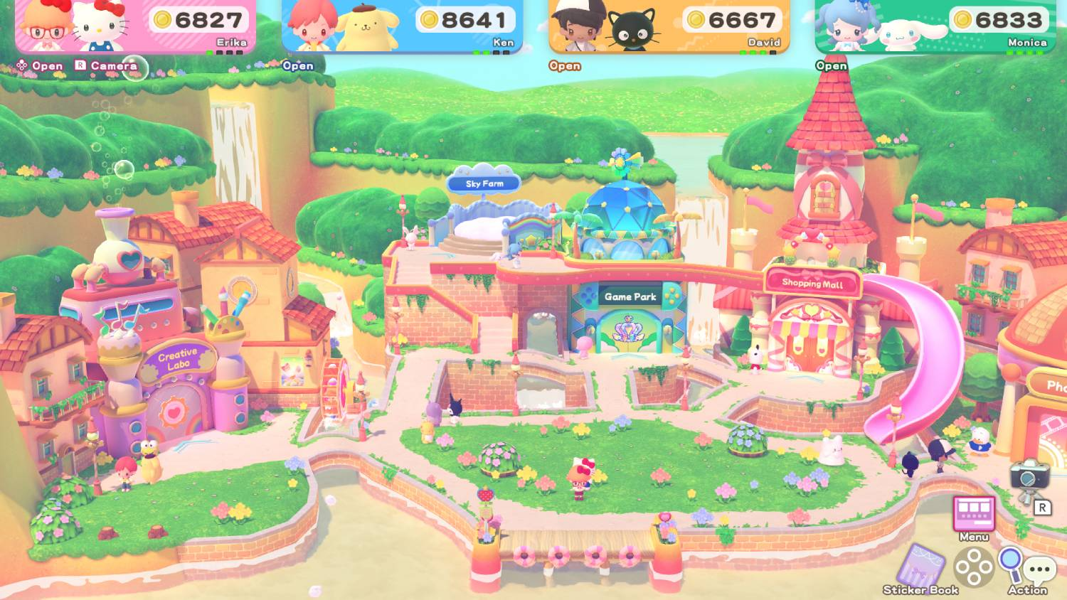 Un mundo de juego colorido con personajes y edificios como centro comercial, parque de juegos y Sky Farm.