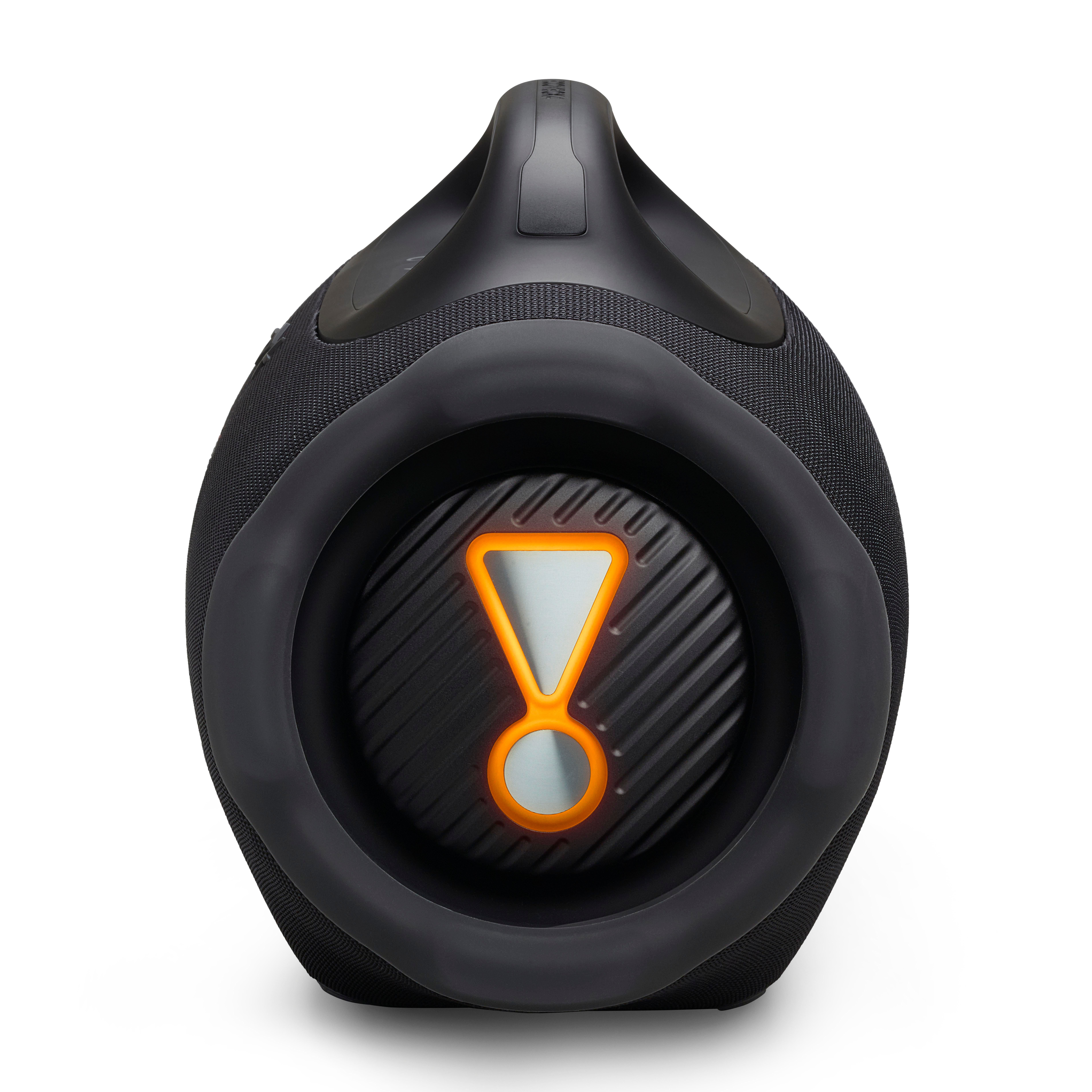 Schwarzer JBL-Lautsprecher mit orangefarbenem Logo und Tragegriff.