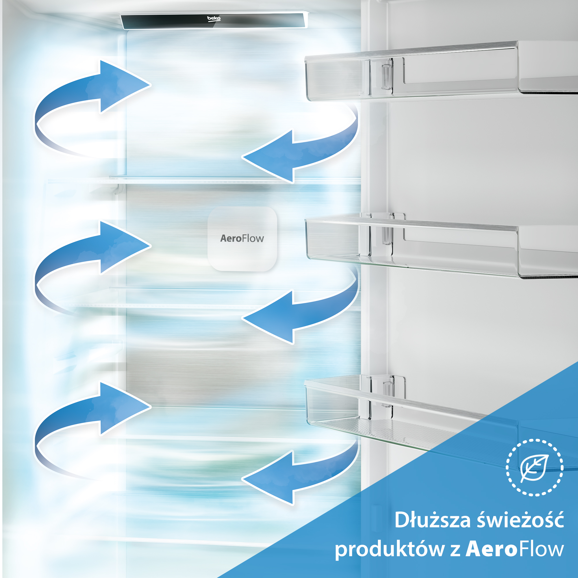Wnętrze lodówki pokazujące cyrkulację powietrza z technologią AeroFlow.