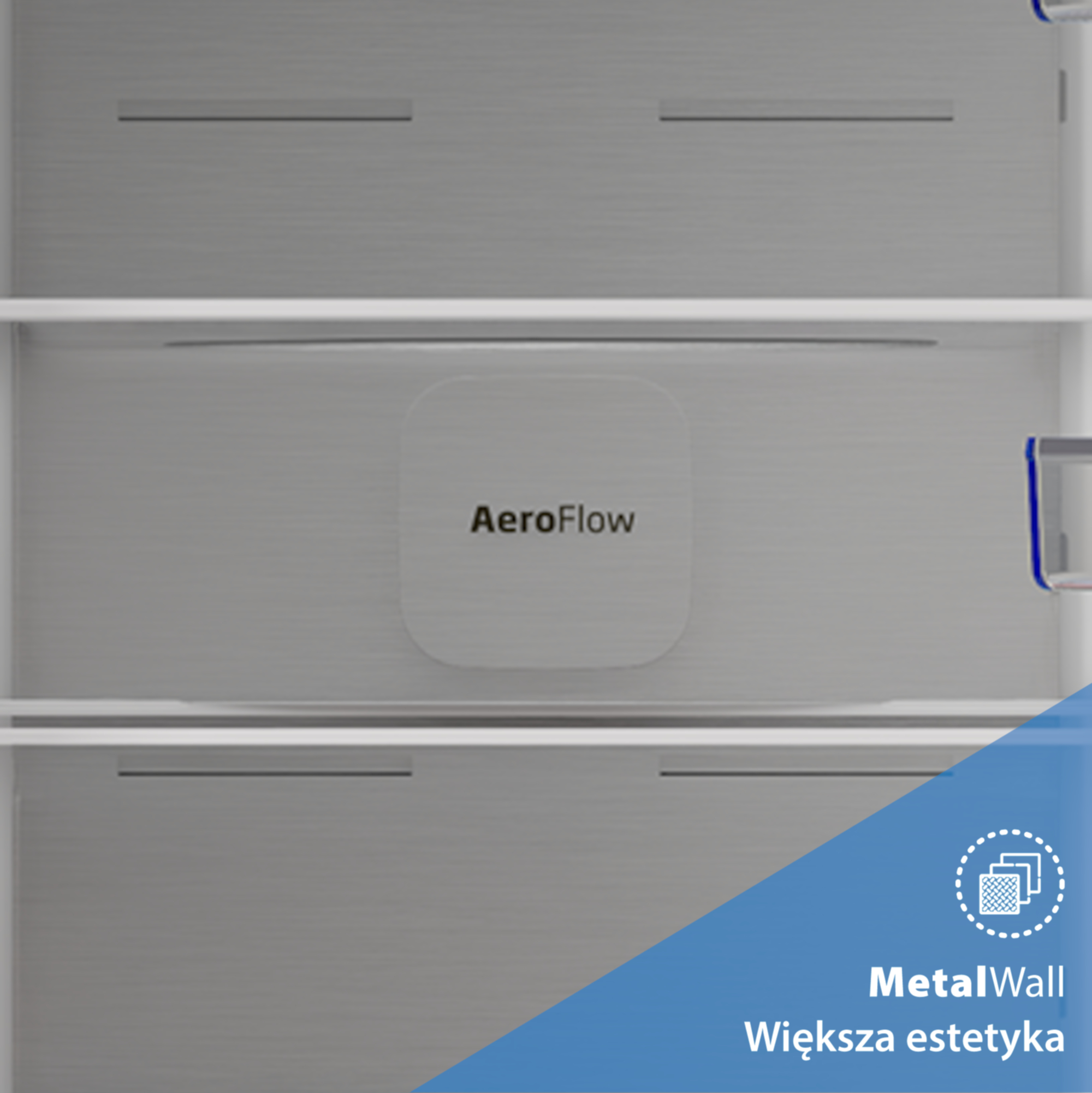 Wnętrze lodówki z funkcją AeroFlow i logo MetalWall.