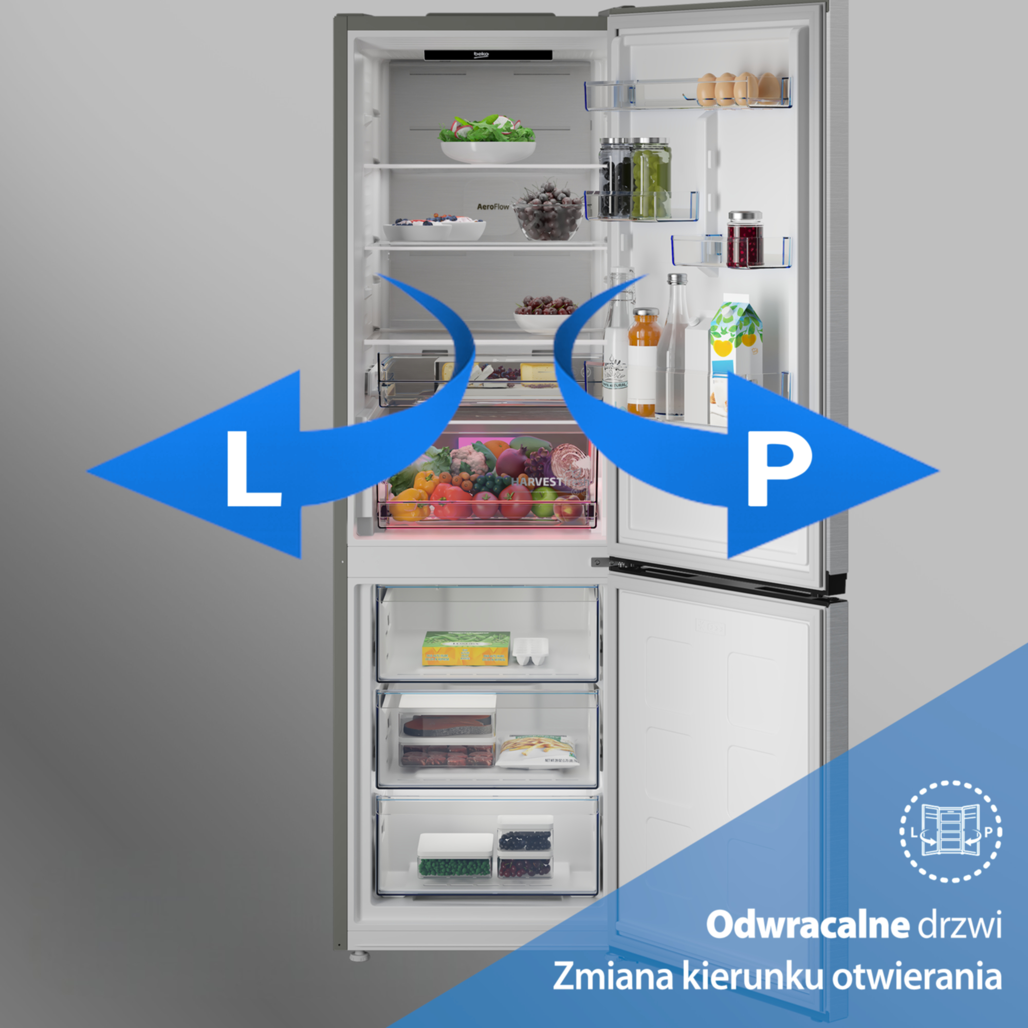 Otwarta lodówka wypełniona jedzeniem, z niebieskimi strzałkami L i P.