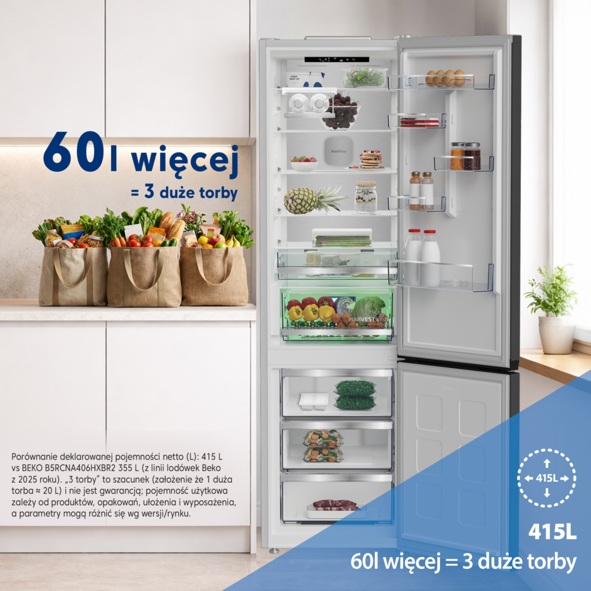 Otwarta lodówka wypełniona jedzeniem, przed nią torby z zakupami.