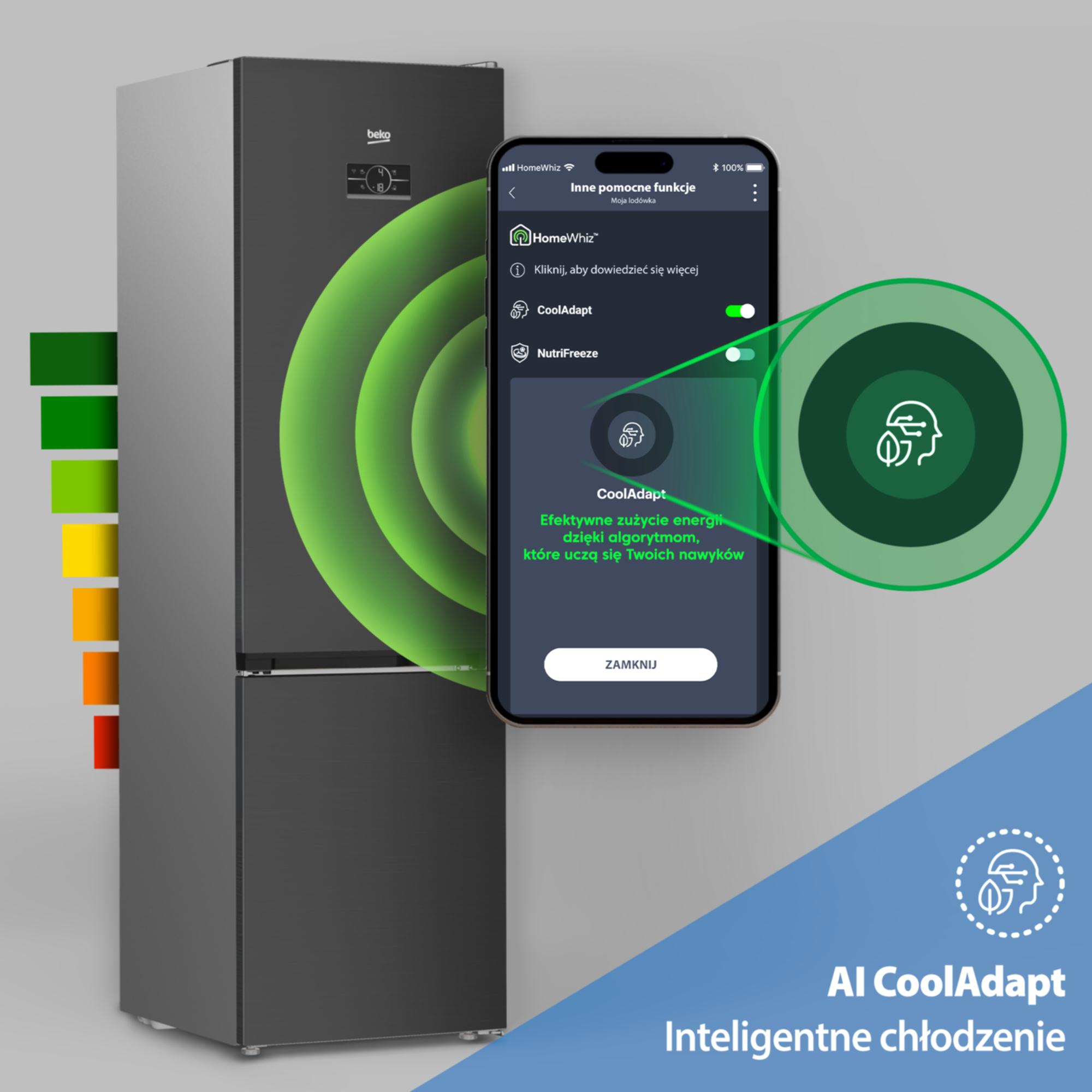 Lodówka z aplikacją pokazującą funkcje „CoolAdapt” i „NutriFreeze”.