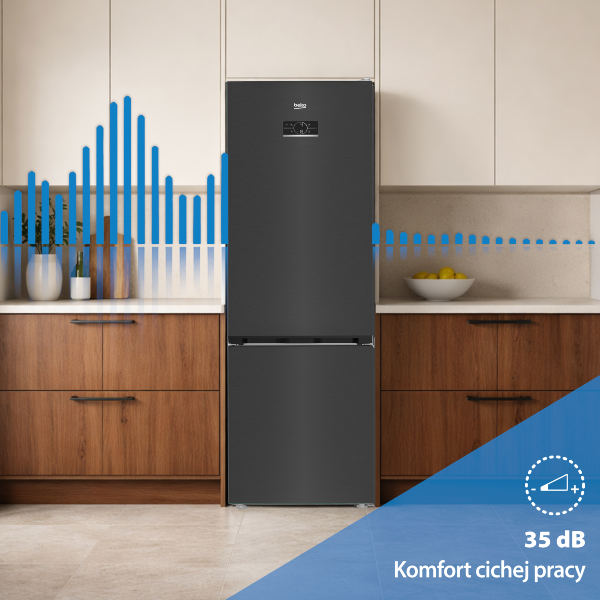 Czarna lodówka w kuchni, z ikoną dźwięku i 35 dB.