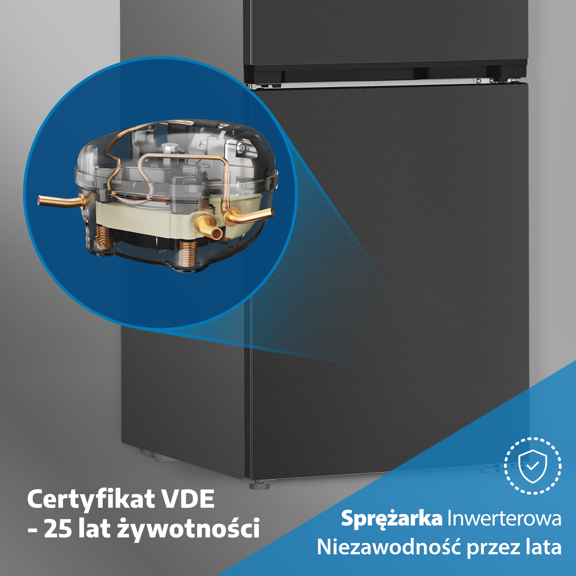 Sprężarka lodówki z przezroczystą obudową, obok czarnej lodówki.