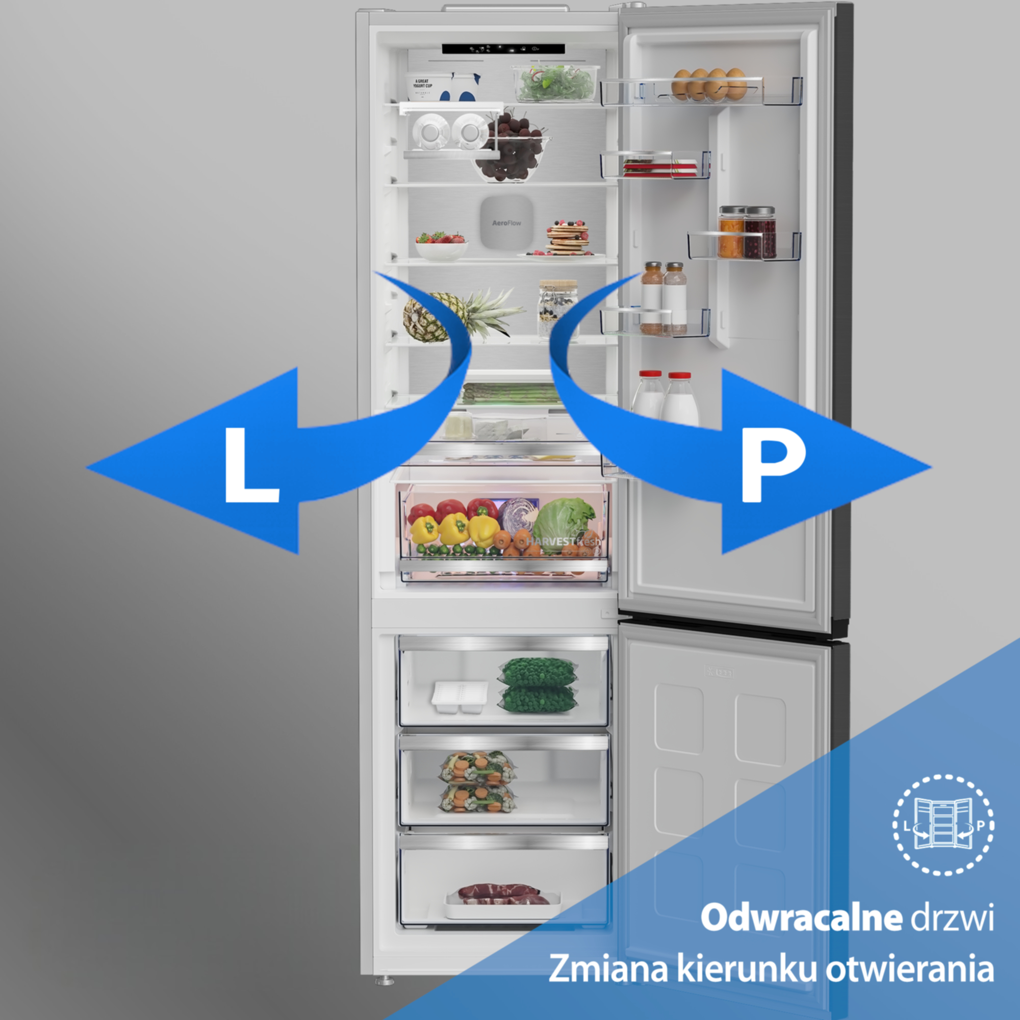 Otwarta lodówka z jedzeniem i strzałkami wskazującymi opcje zawiasów drzwi.