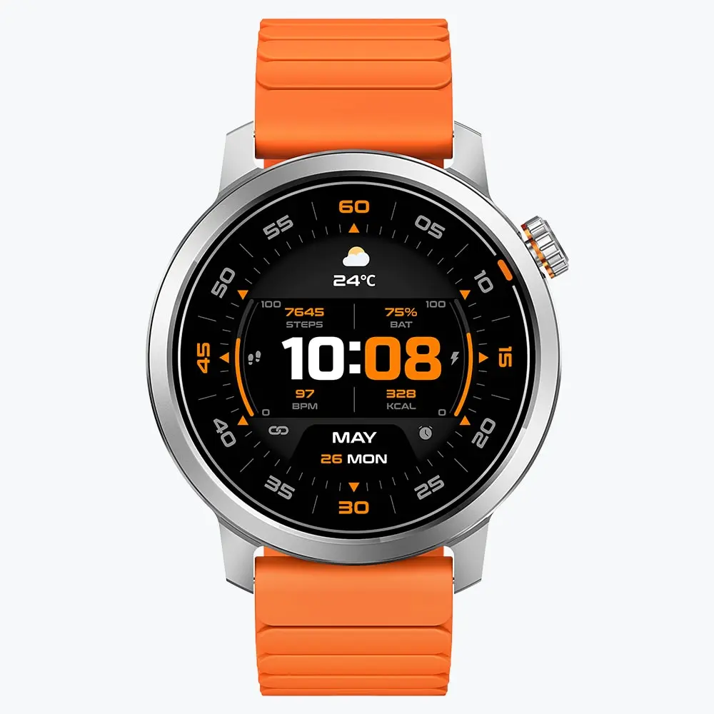 Okosóra narancssárga szíjjal, mutatja 10:08, 7645 lépés, 97 BPM, 328 kcal.