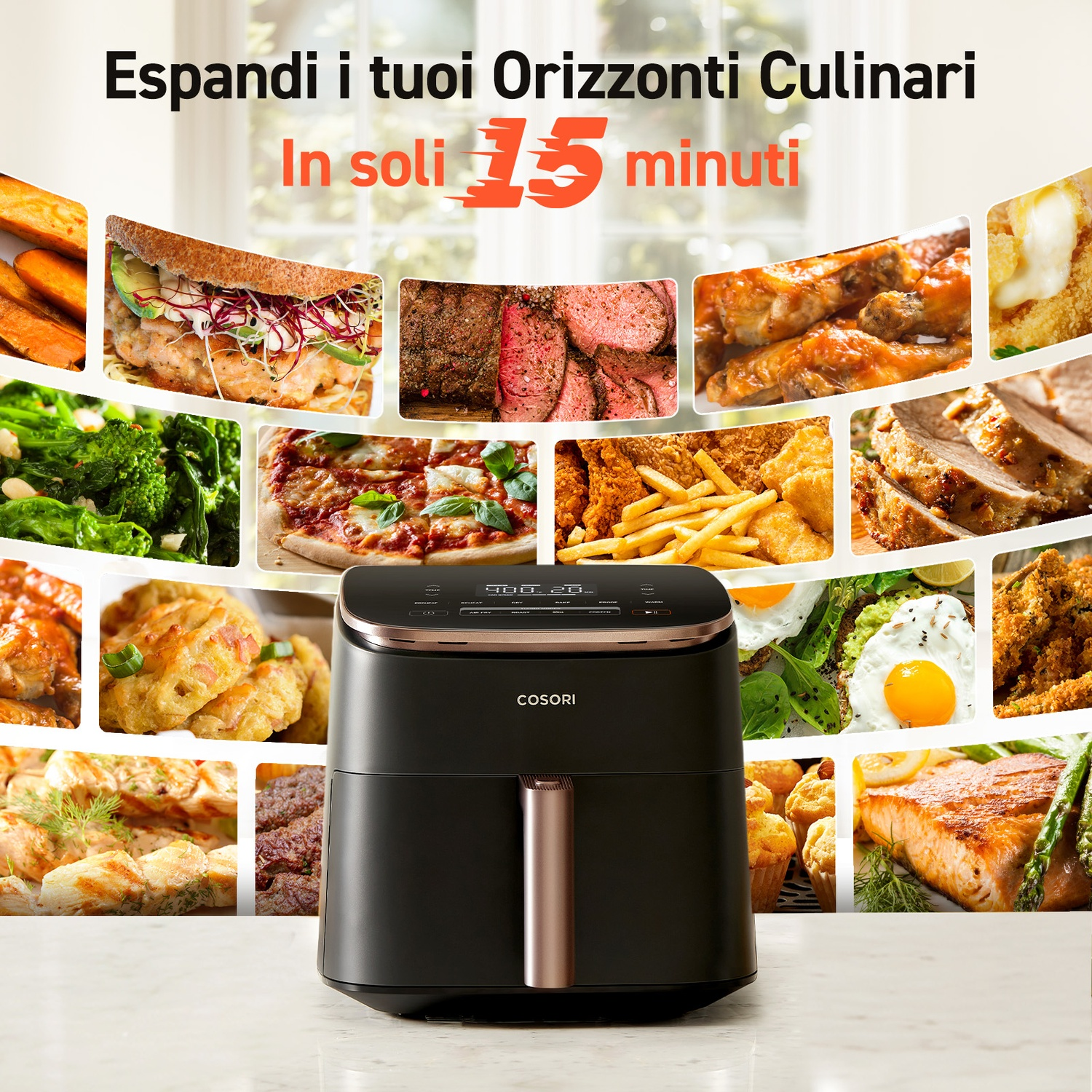 Una friggitrice ad aria COSORI nera circondata da vari cibi come salmone e carne.