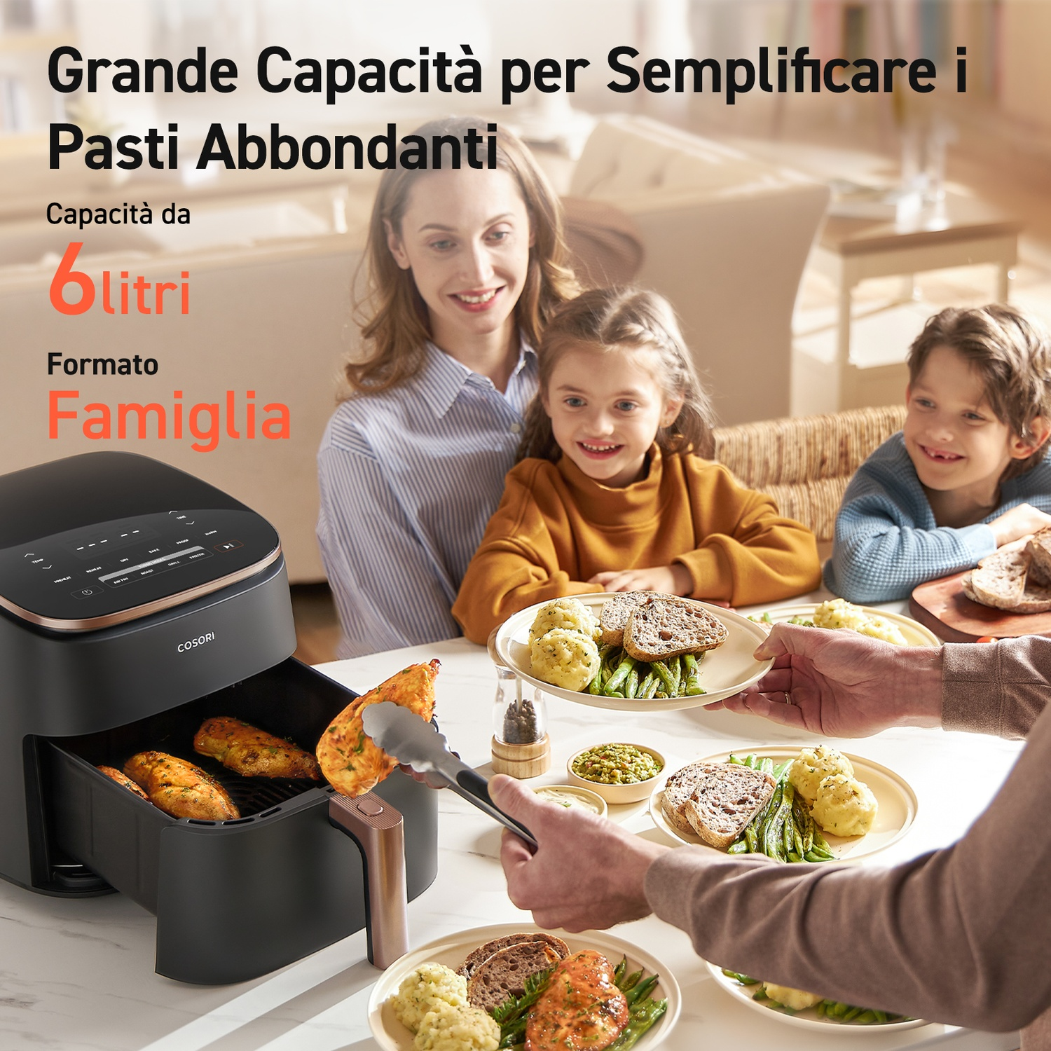 Una famiglia gusta un pasto preparato in una friggitrice ad aria Cosori.