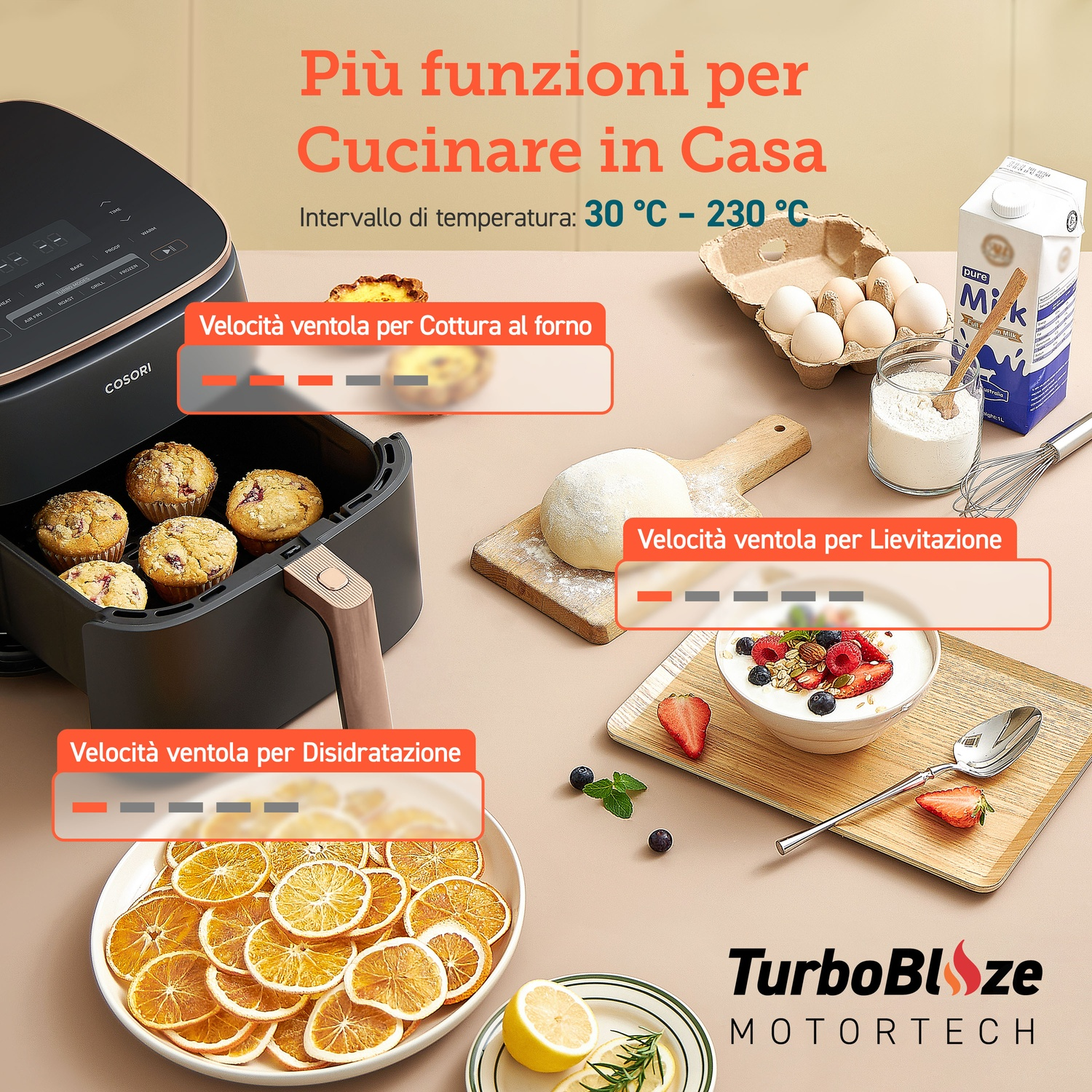 Friggitrice ad aria con muffin, bacche, uova, farina, latte e arance essiccate.