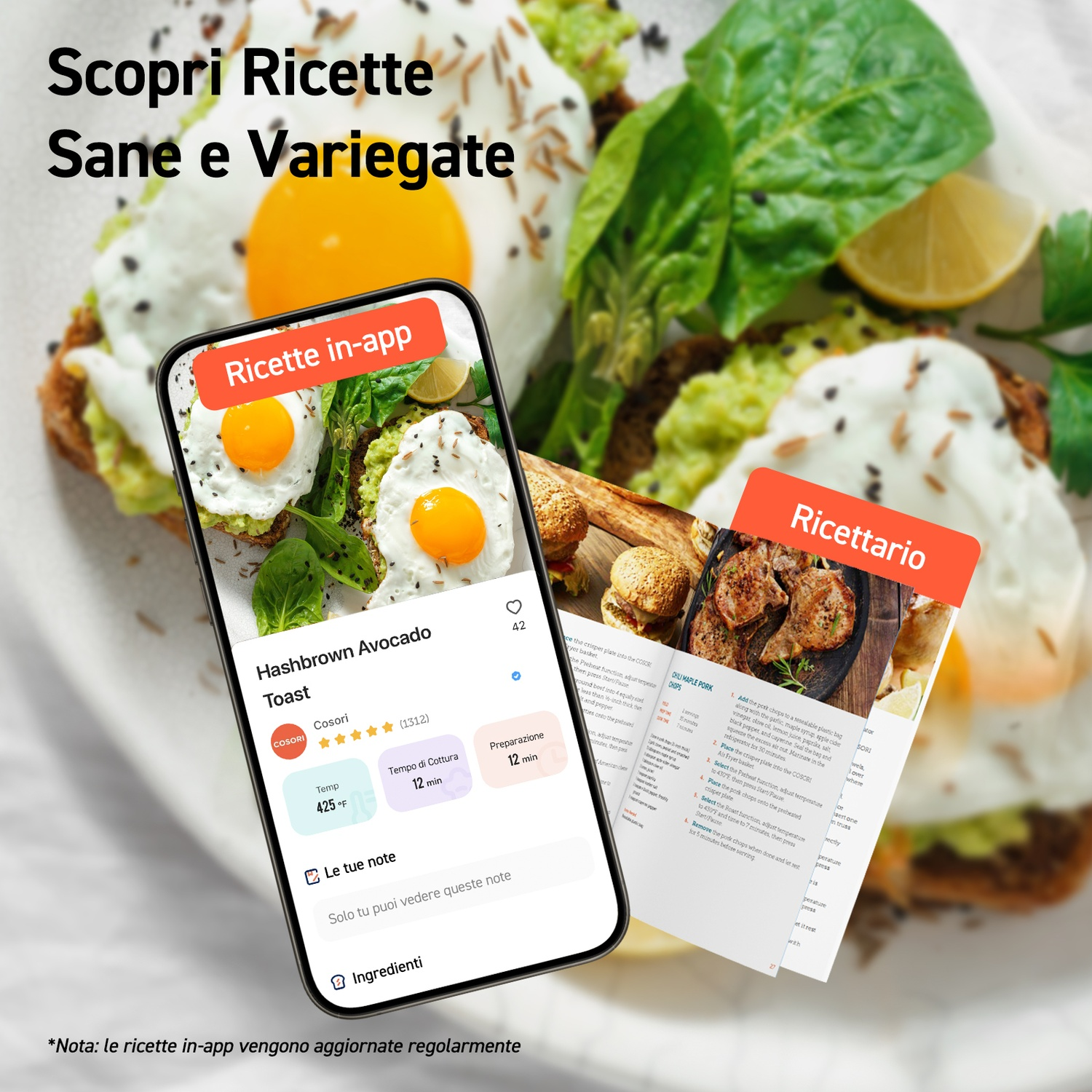 Smartphone mostra ricetta toast avocado; libro cucina con costolette di maiale accanto.