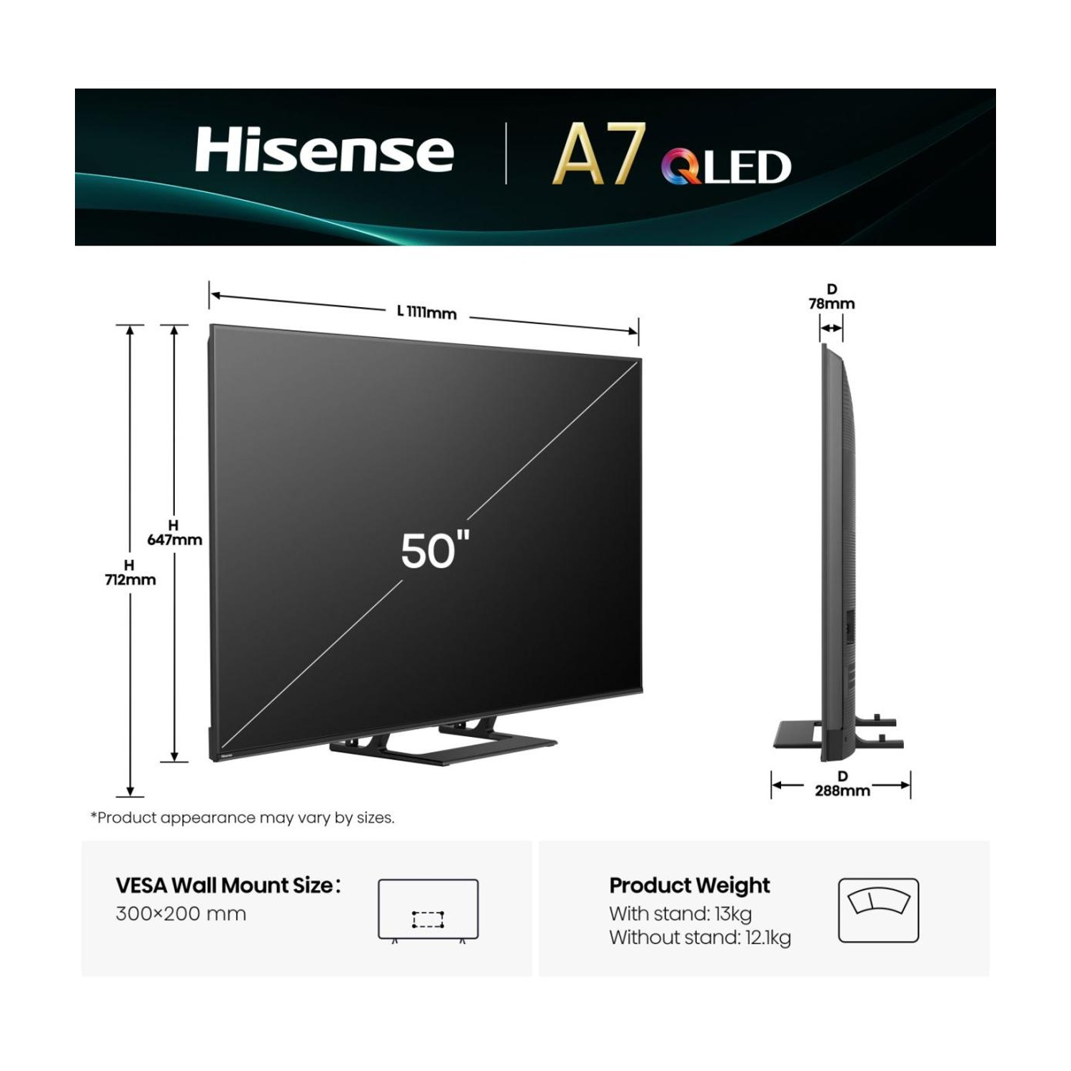 Specifiche TV Hisense A7 QLED 50 pollici: dimensioni, peso, VESA.