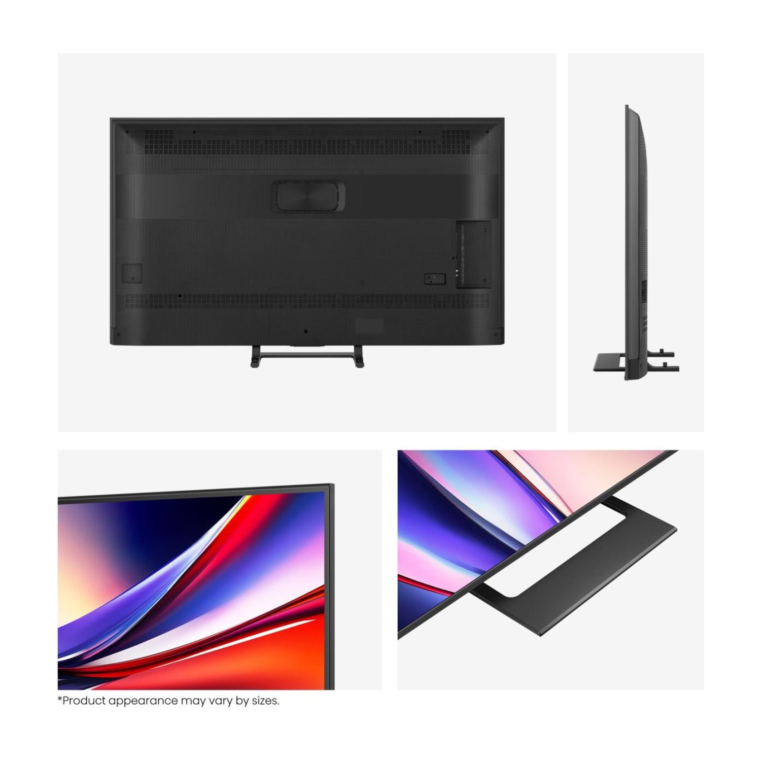 Vista posteriore e laterale di una TV nera su supporto, con dettaglio schermo.
