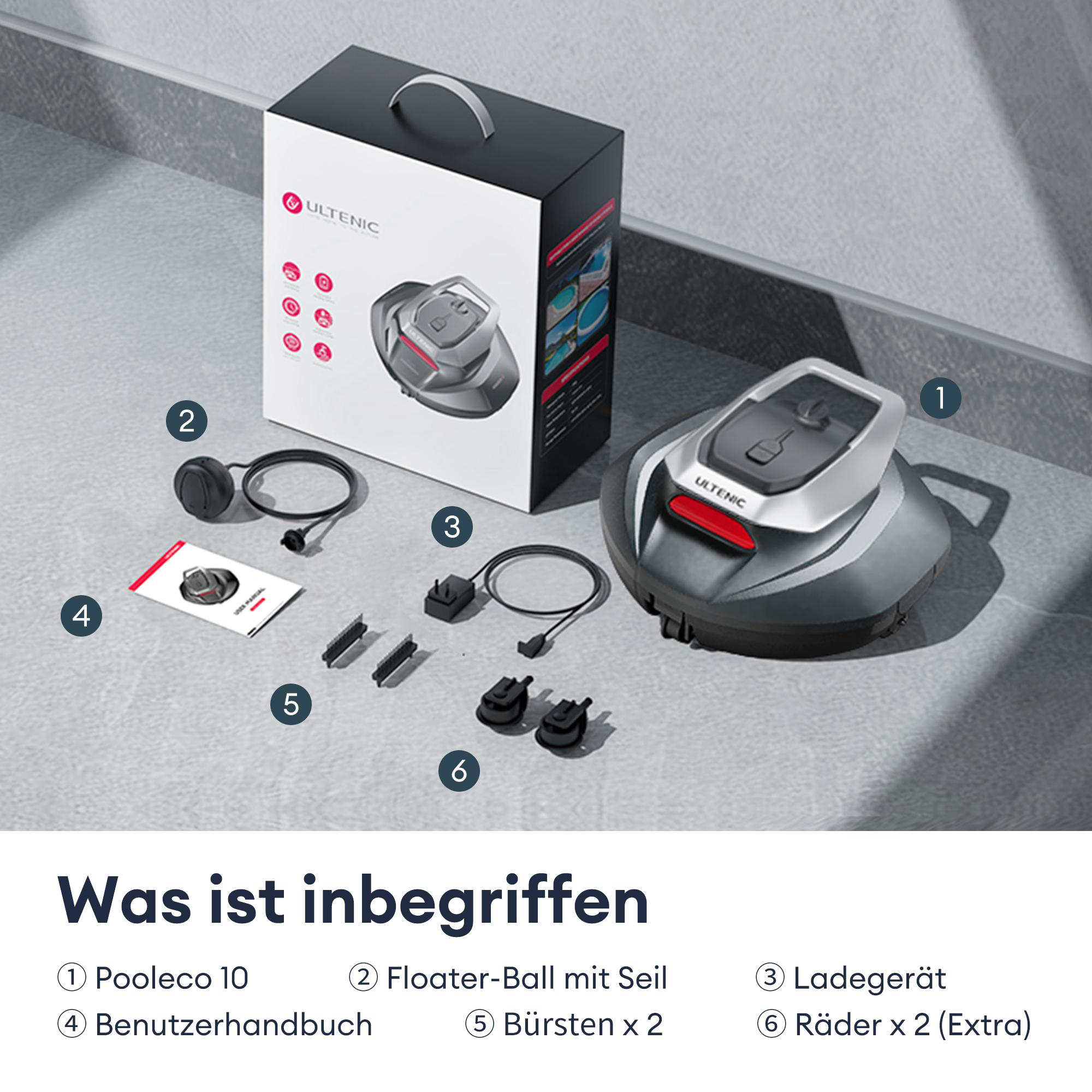 Poolreiniger, Box, Ladegerät, Schwimmer, Handbuch, Bürsten und Räder auf grauer Fläche.