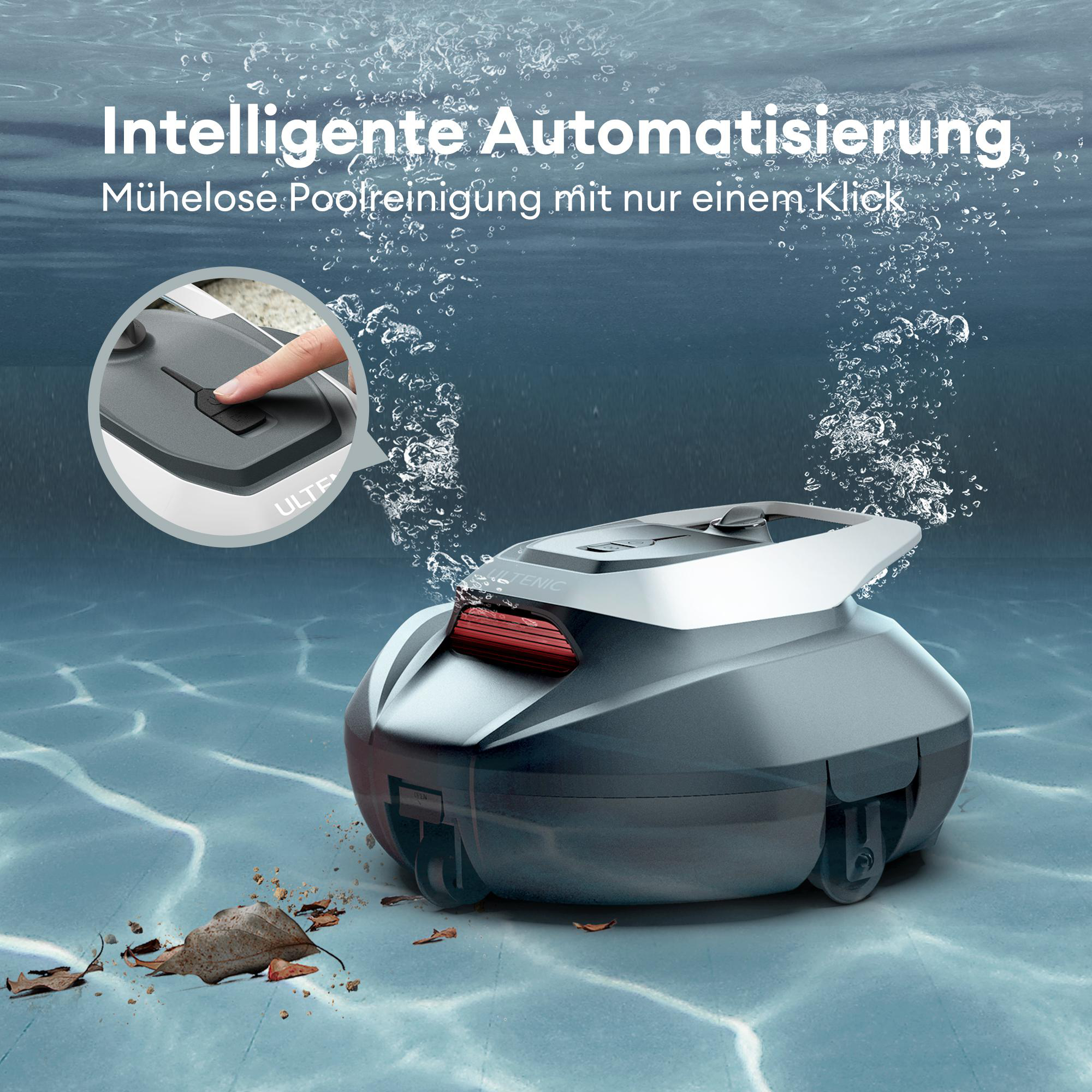Ein Poolreiniger in einem Pool, mit Blasen und Blättern. Ein Finger drückt einen Knopf.