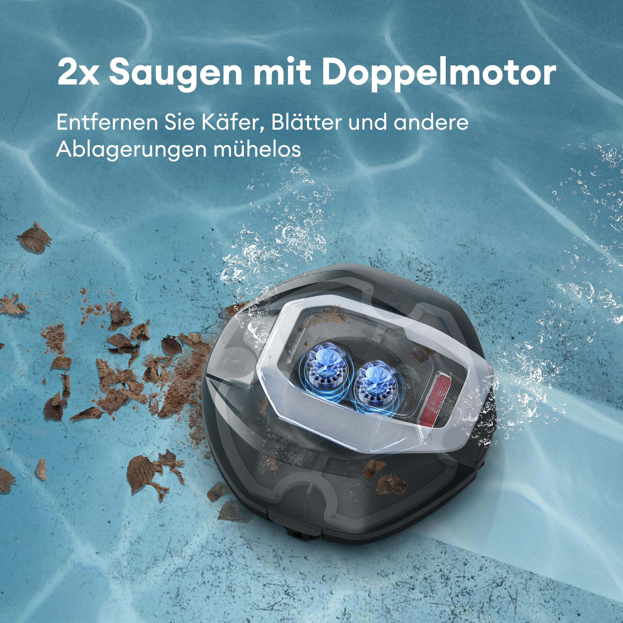 Ein Poolreiniger saugt Blätter und Schmutz aus dem Wasser.