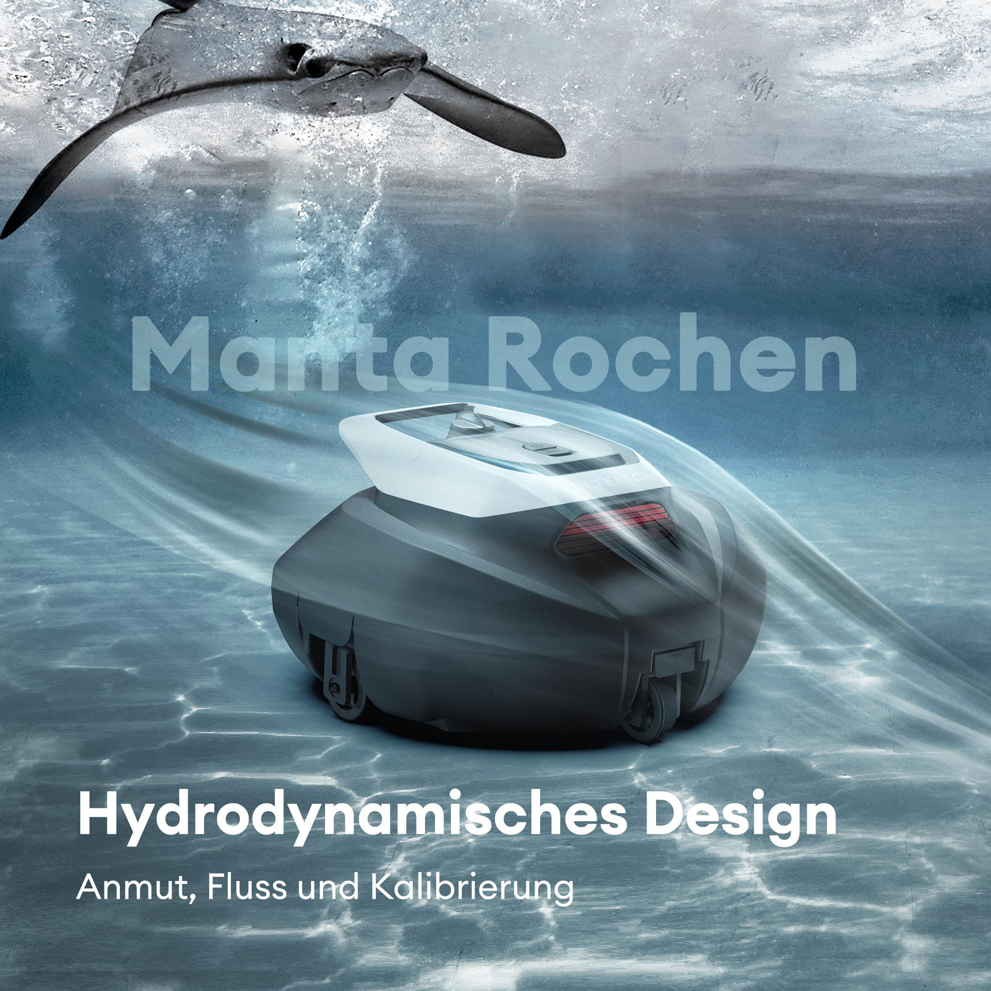 Ein Unterwasserroboter schwimmt unter einem Manta Rochen.