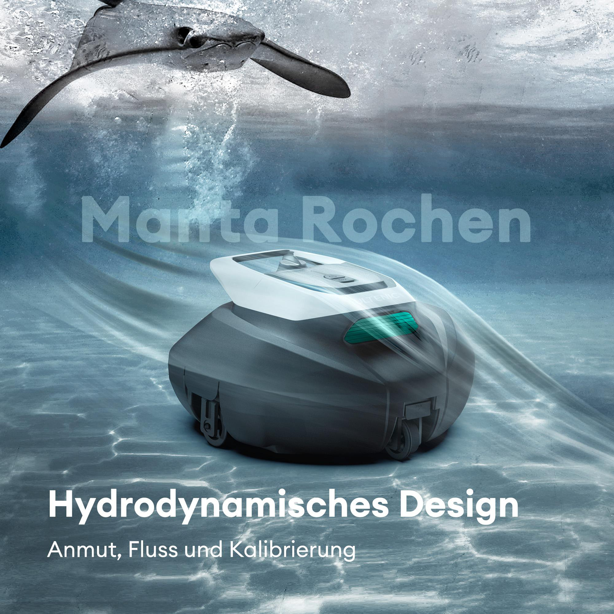 Ein Unterwasserroboter schwimmt unter einer Mantarochenart. Hydrodynamisches Design.