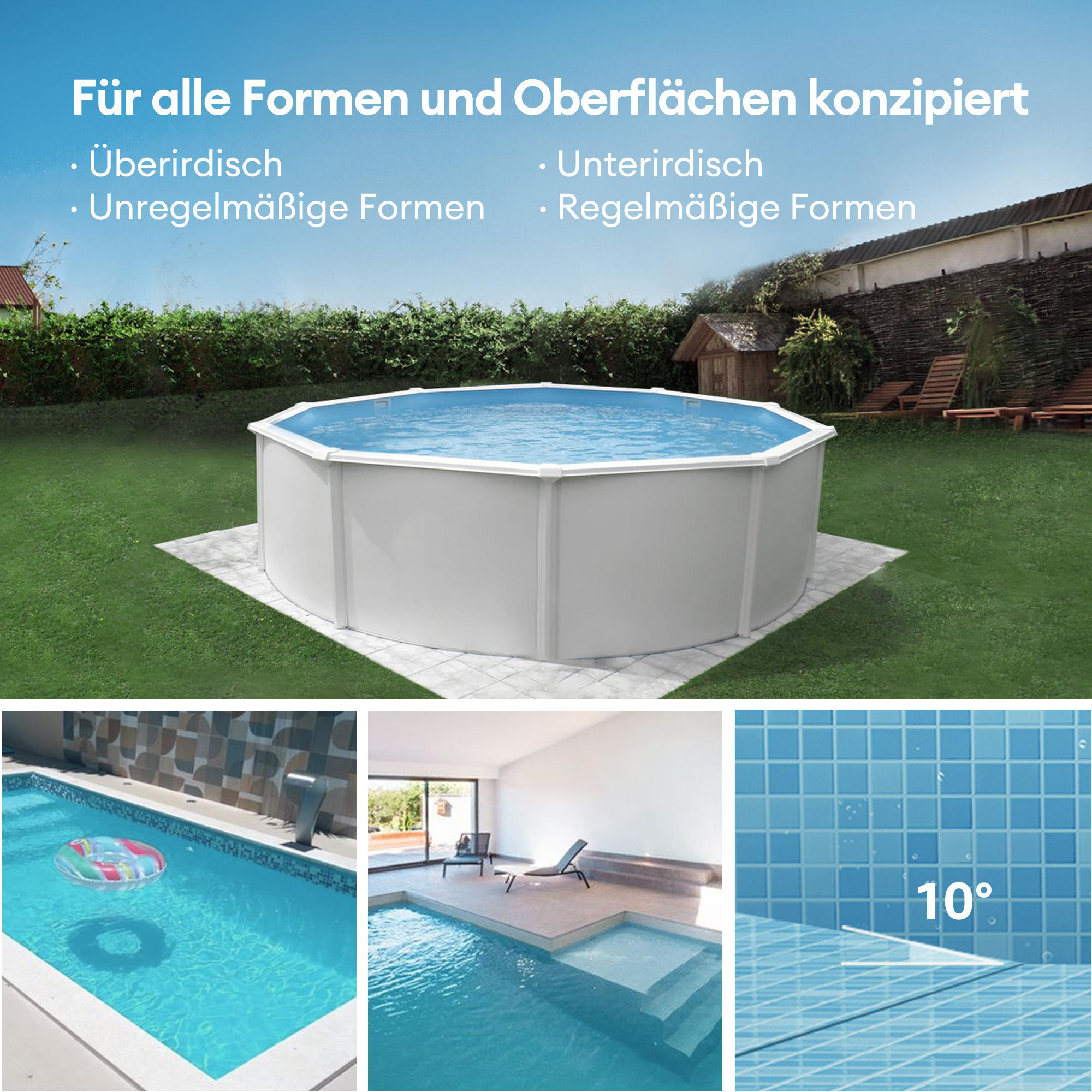 Ein achteckiger Pool im Garten und drei weitere Pool-Designs.